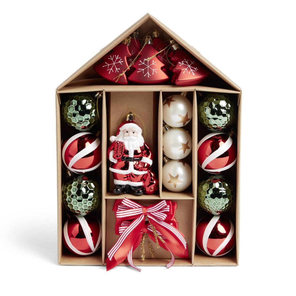 Kit décoration sapin de No&euml;l traditionnel rouge et vert 20 pièces