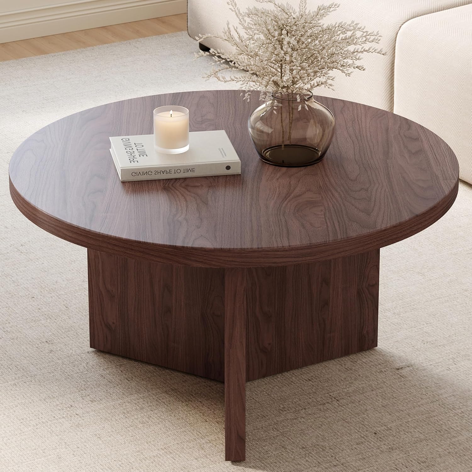 Luoxiao 31.5 Round Coffee Table Mid Century Modern Center Table for Living Room, Minimalist Circle Accent Table for Apartments, Study, Office, Space-Saving, Easy Assembly, Walnut