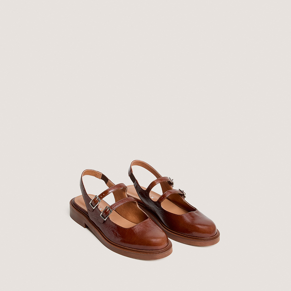 Ballerines à doubles brides et bouts arrières ouvertsen cuir brillant marron amande | DREAMER