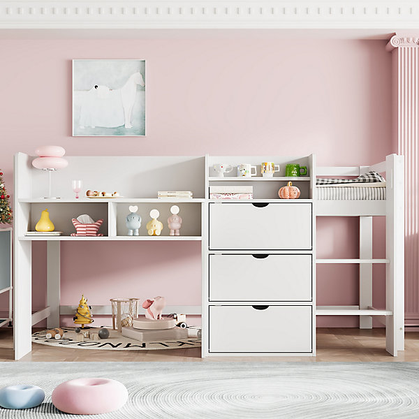 Lit enfant 90x200 cm - Lit simple Mi-Hauteur avec Cabane et Multiples Espaces de Rangement Pratiques - Bois Pin MDF - Blanc