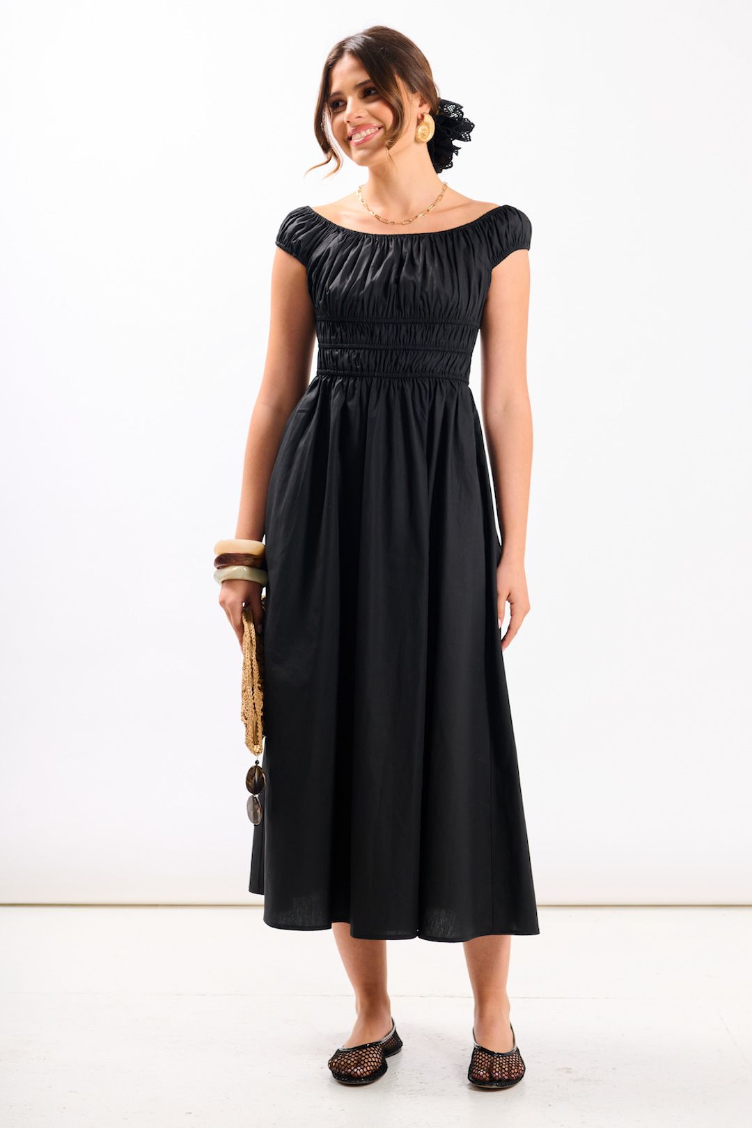 Needs No Label Black Cotton Shirred Bardot Midi Dress