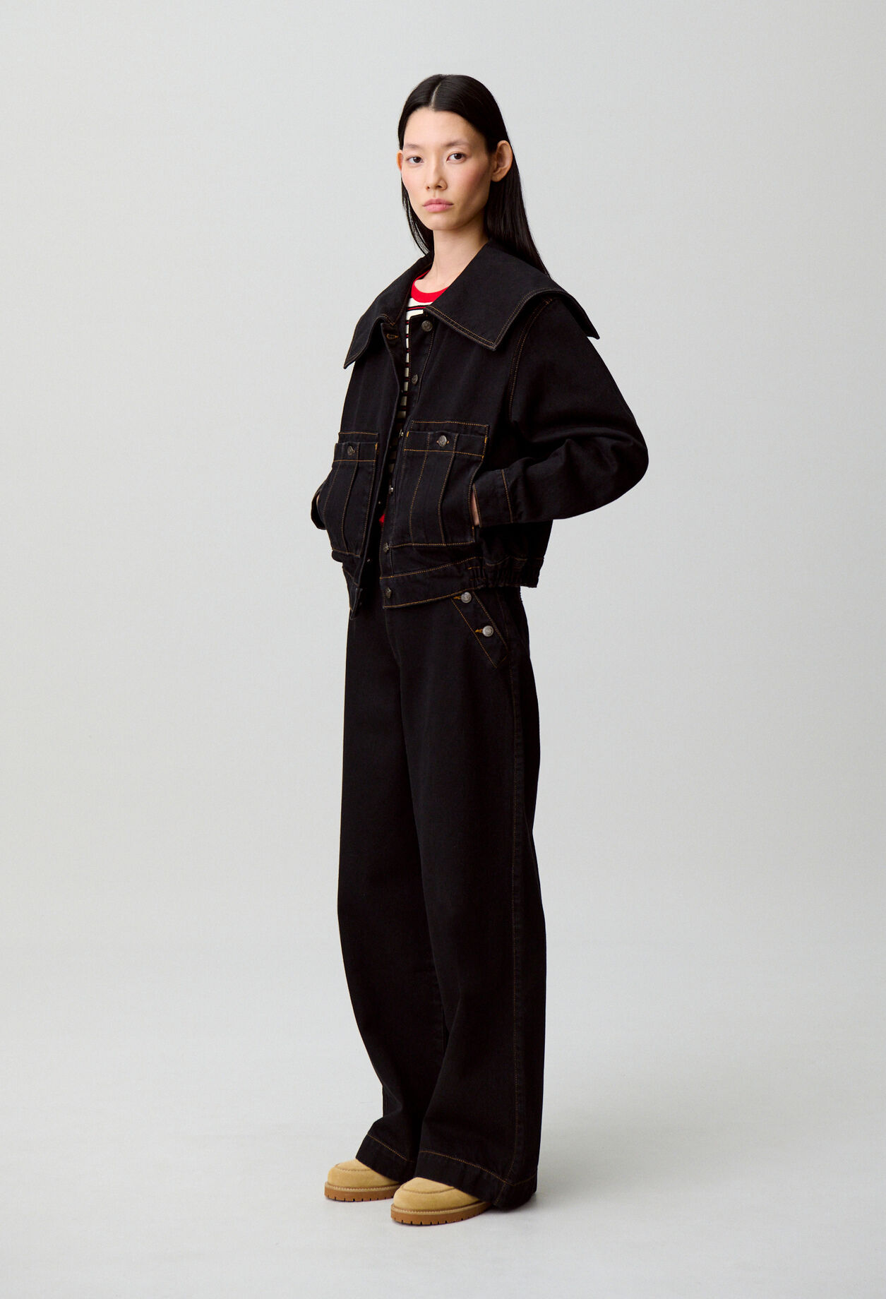 Veste jean col vareuse denim noir