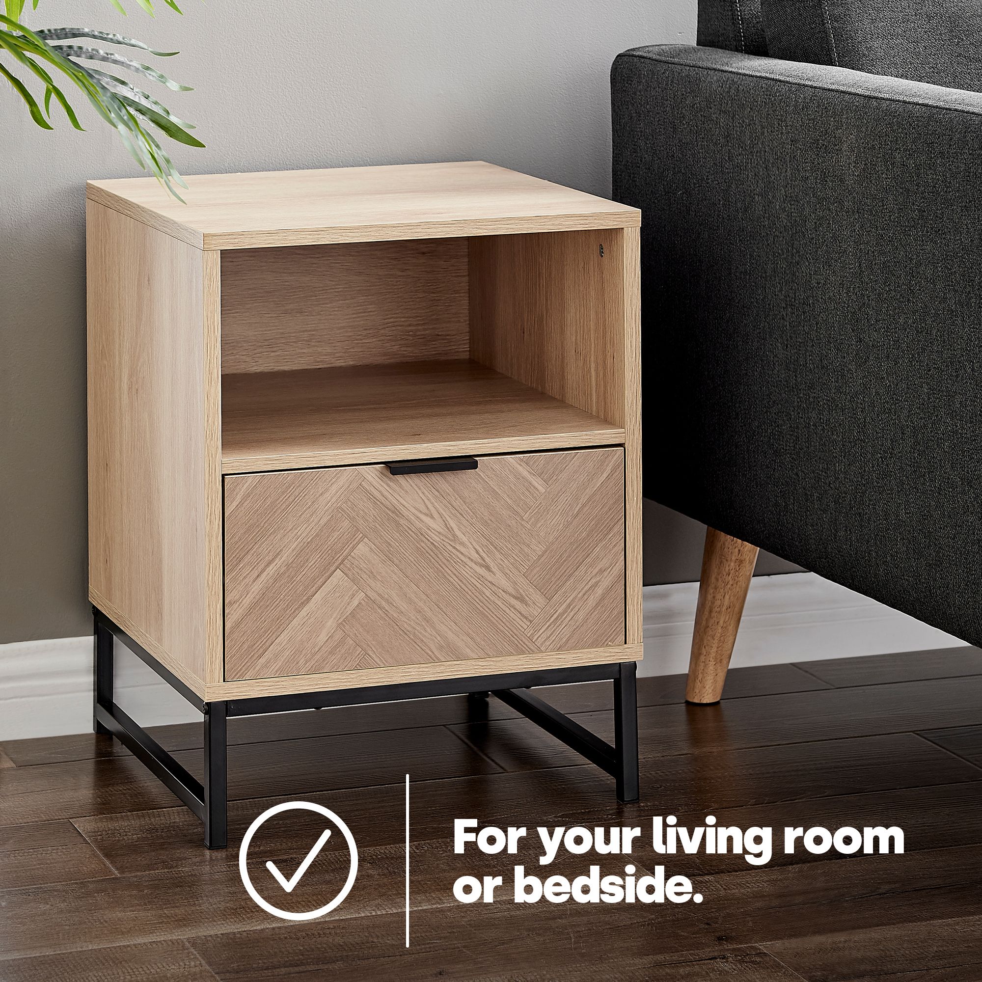 LIVIVO Herringbone Side Table Storage Unit - Featuring a Spacious Drawer for Stylish Organisation