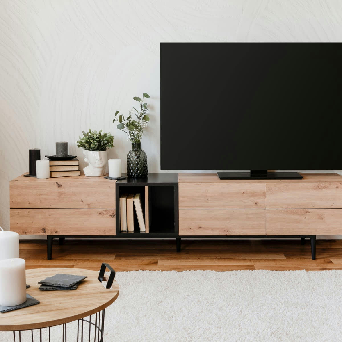 SINTRA - Meuble TV effet chêne et métal noir 195 cm