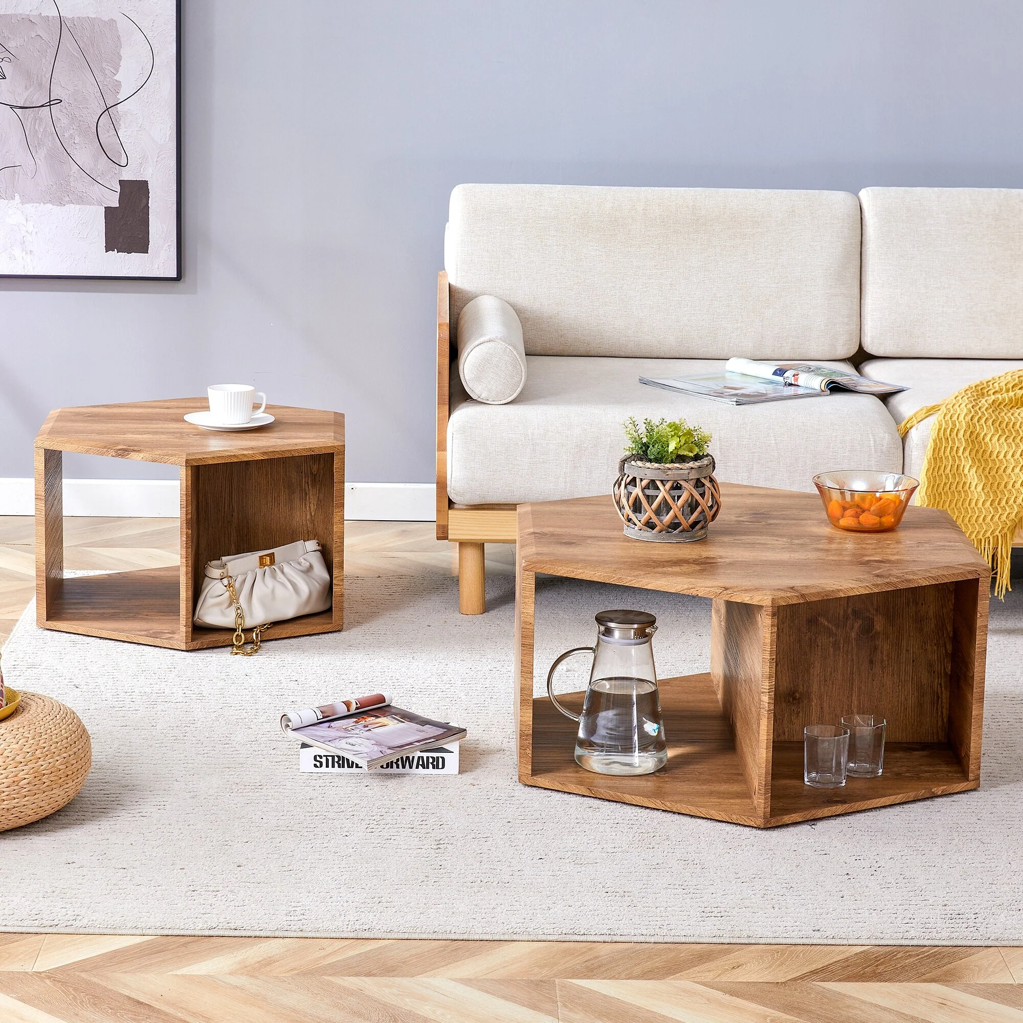 Minimalist patterns hexagonal Coffee Table Set, characteristic pattern stickers, Two coffee tables of different sizes