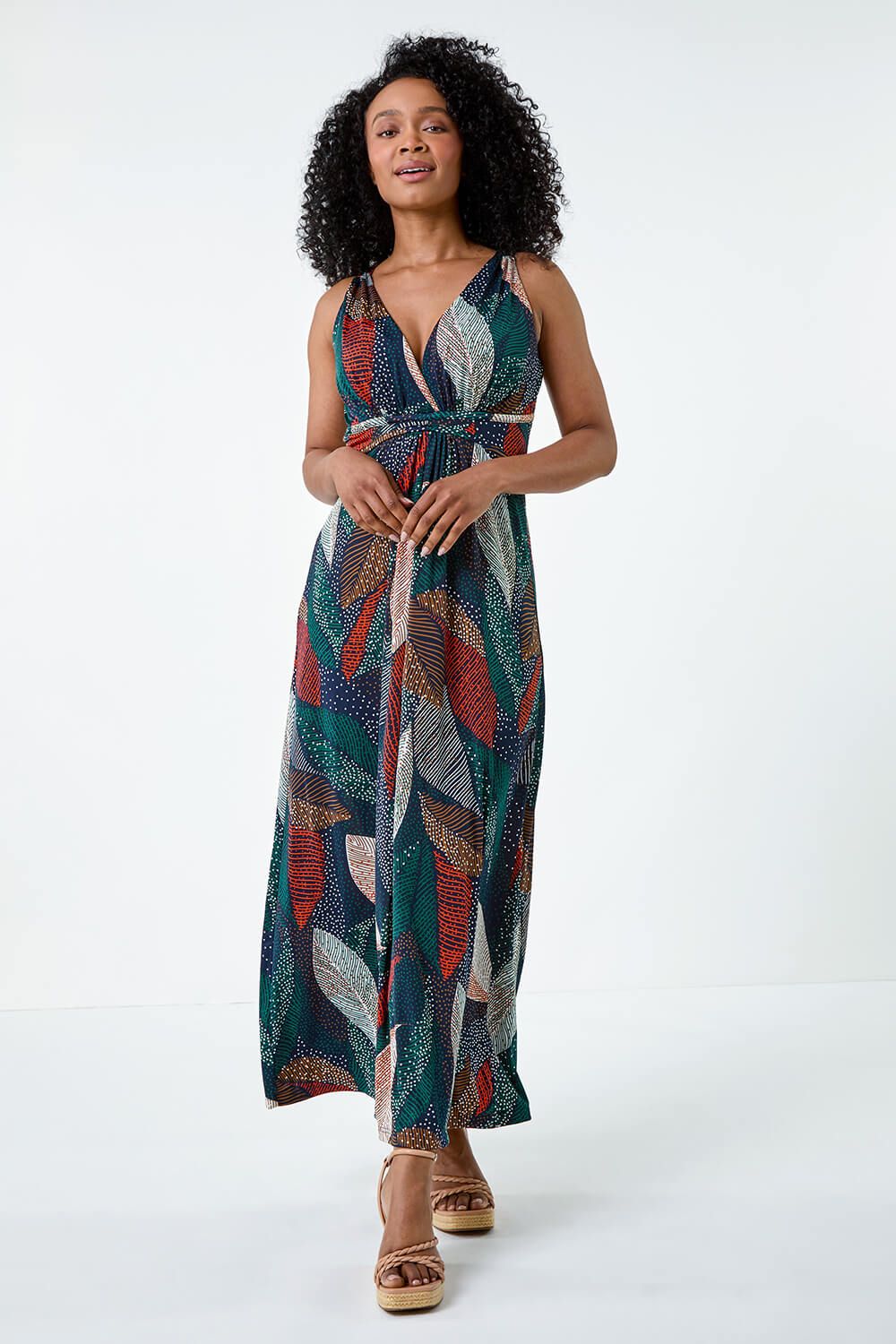 Roman Petite Leaf Print Stretch Maxi Dress