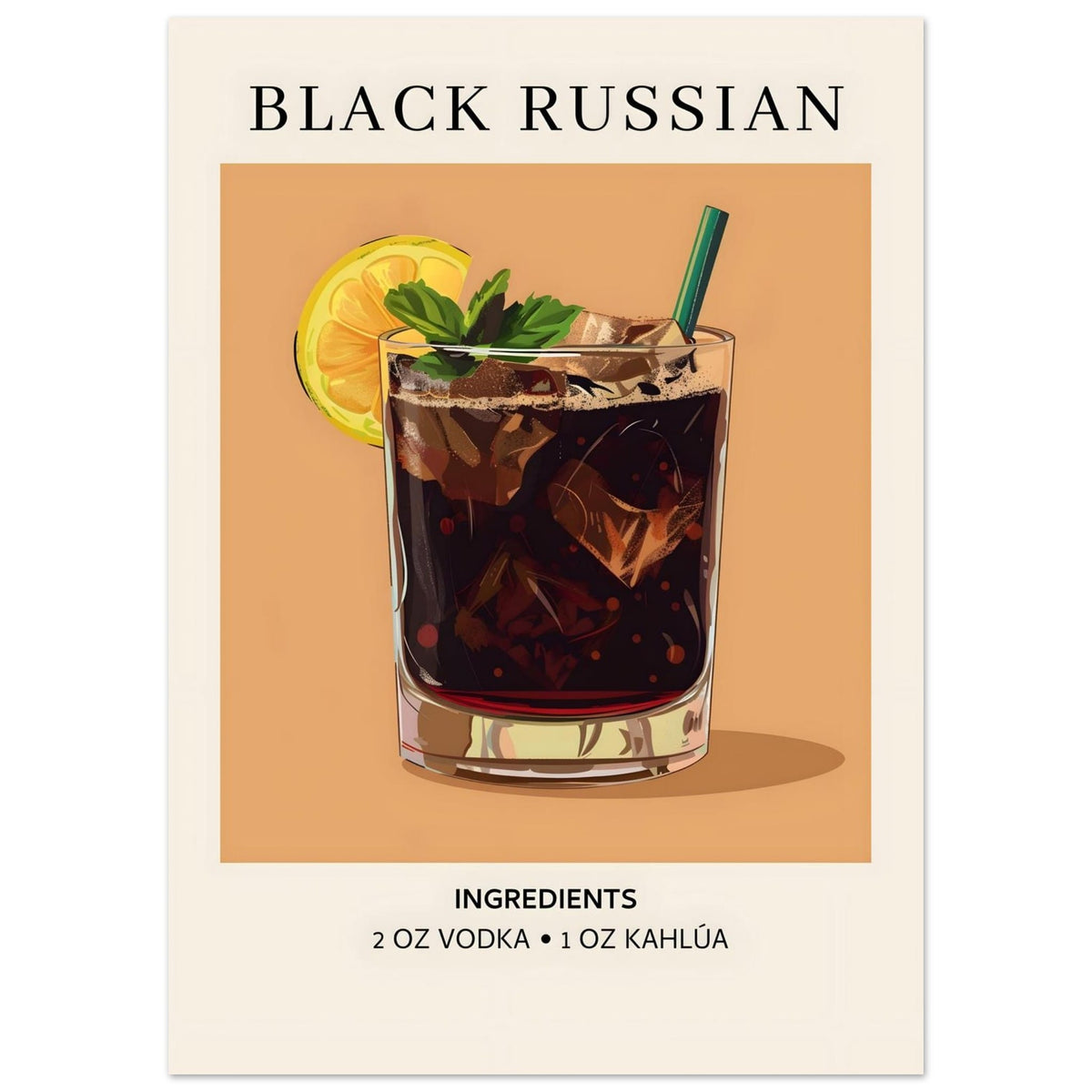Artfulprints Poster Black Russian cocktail - Ingrediënten  - 50x70 cm - Bruin