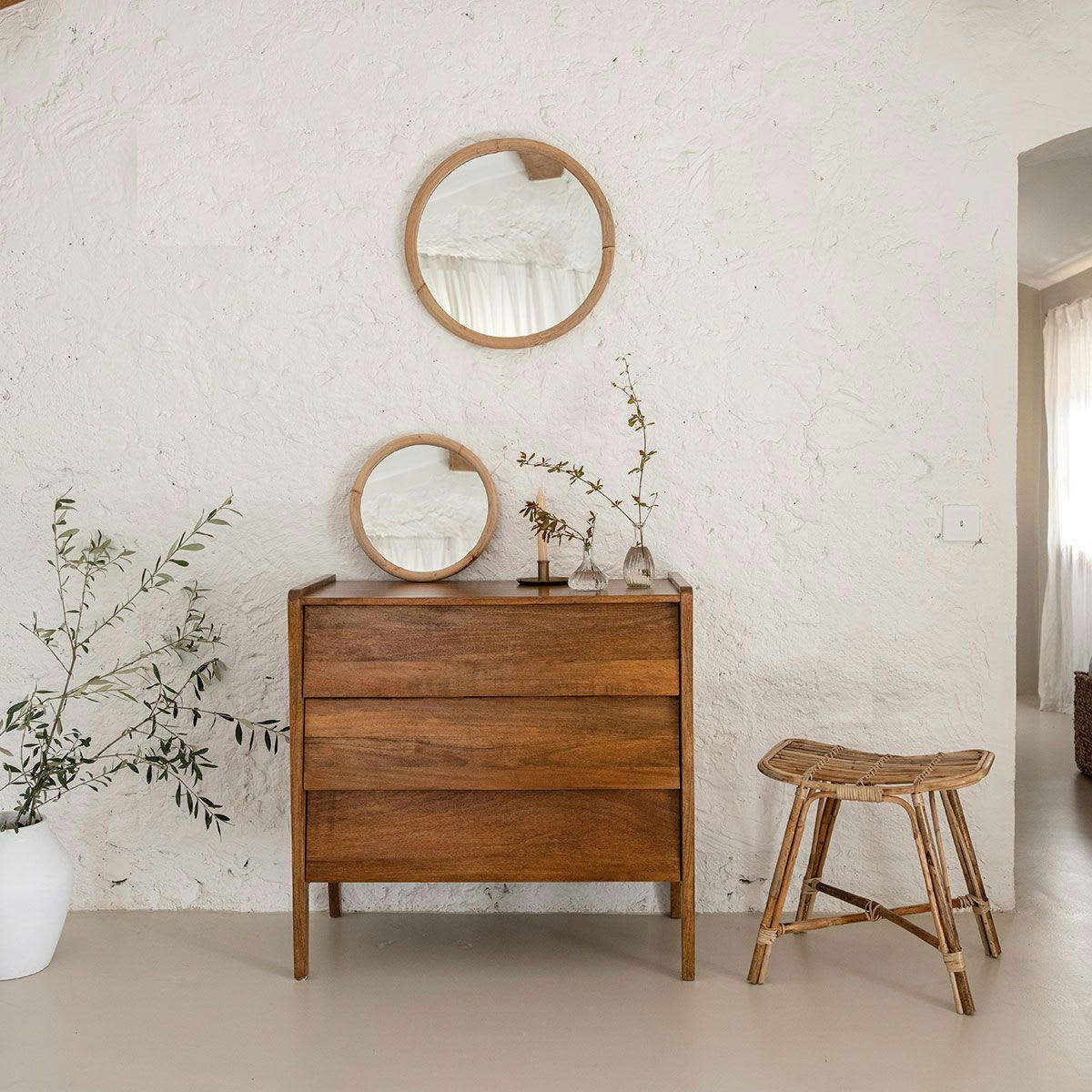 - Miroir rond cadre en rotin -35.000x3.000 cm - Bois clair -