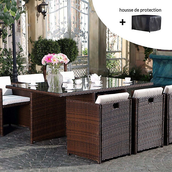 MIAMI - Salon de jardin 6 places marron-blanc   housse de protection MIAMI