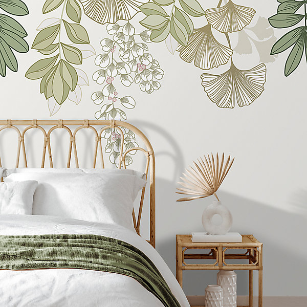 Papier peint panoramique intissé GoodHome Aureolin feuillage et fleurs vert L.280 x l.159 cm