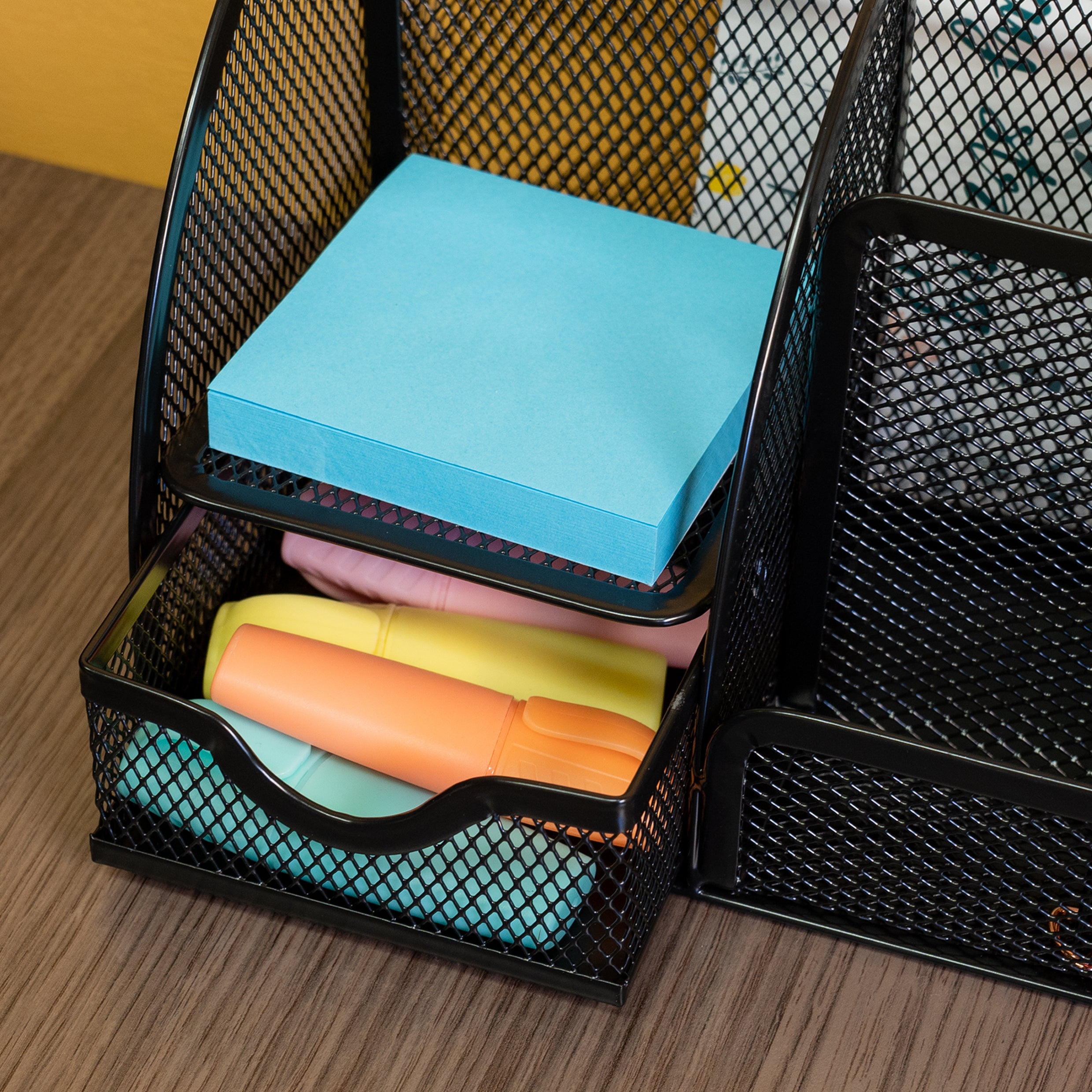 QUVIO Bureau organizer 5 vakken + 1 lade + 1 plankje met gaas - Zwart