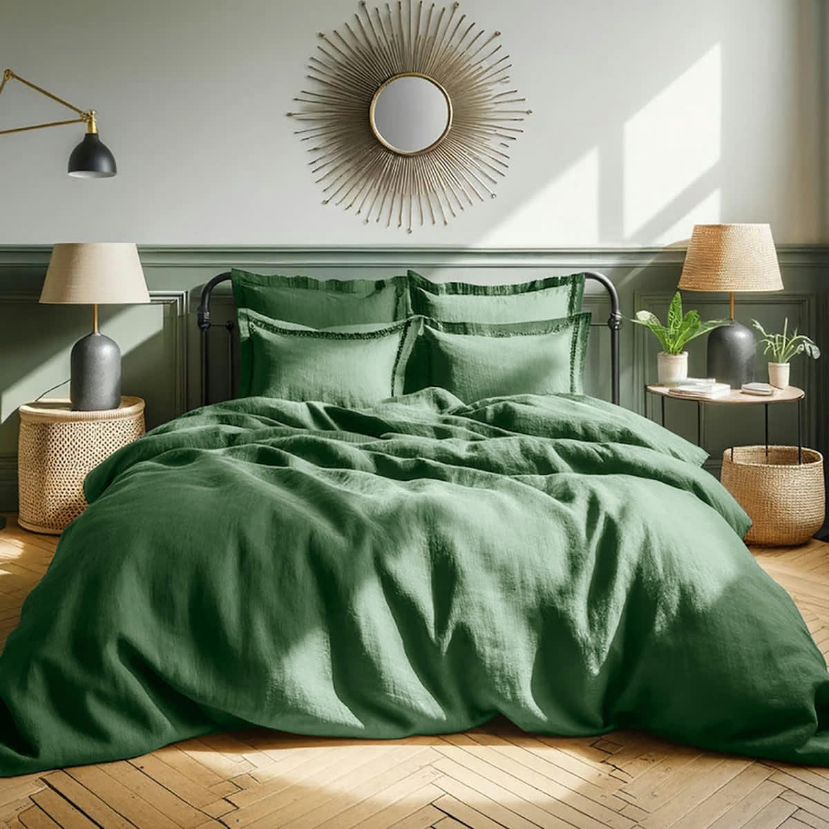 HORTENSE - Drap housse lin lavé  160x200x30 vert sauge