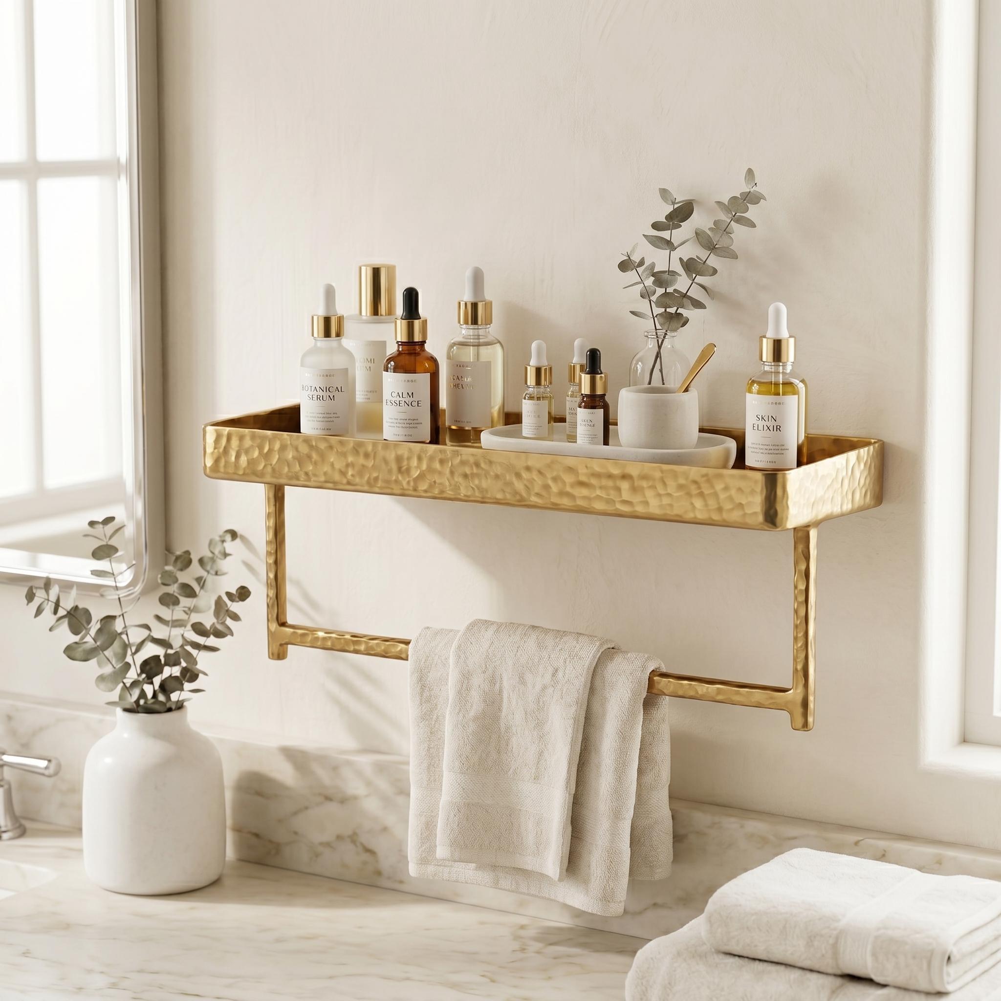 Hammered Brass Bathroom Shelf with Towel Bar, Modern Minimalist Organizer Rack