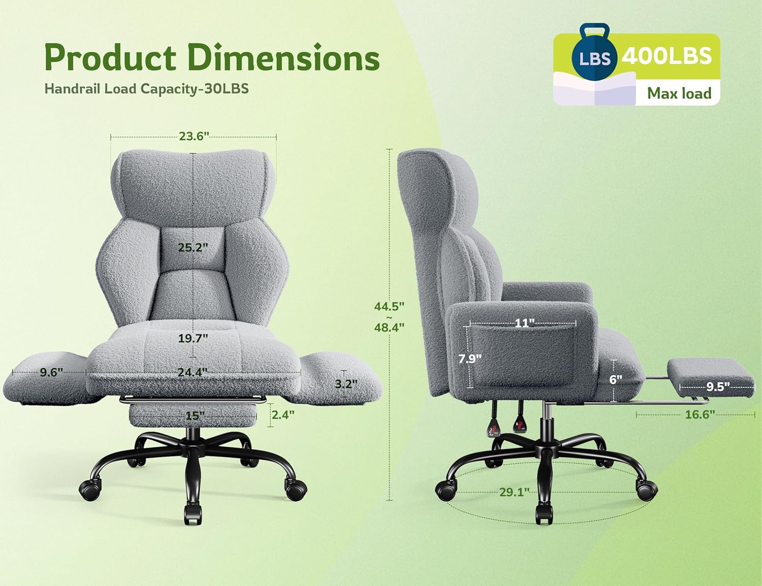 Big and Tall Office Chair with Adjustable Arms and Back, Ergonomic Office Chair with Footrest and Comfortable Fabric for Home Office, Bedroom,Grey