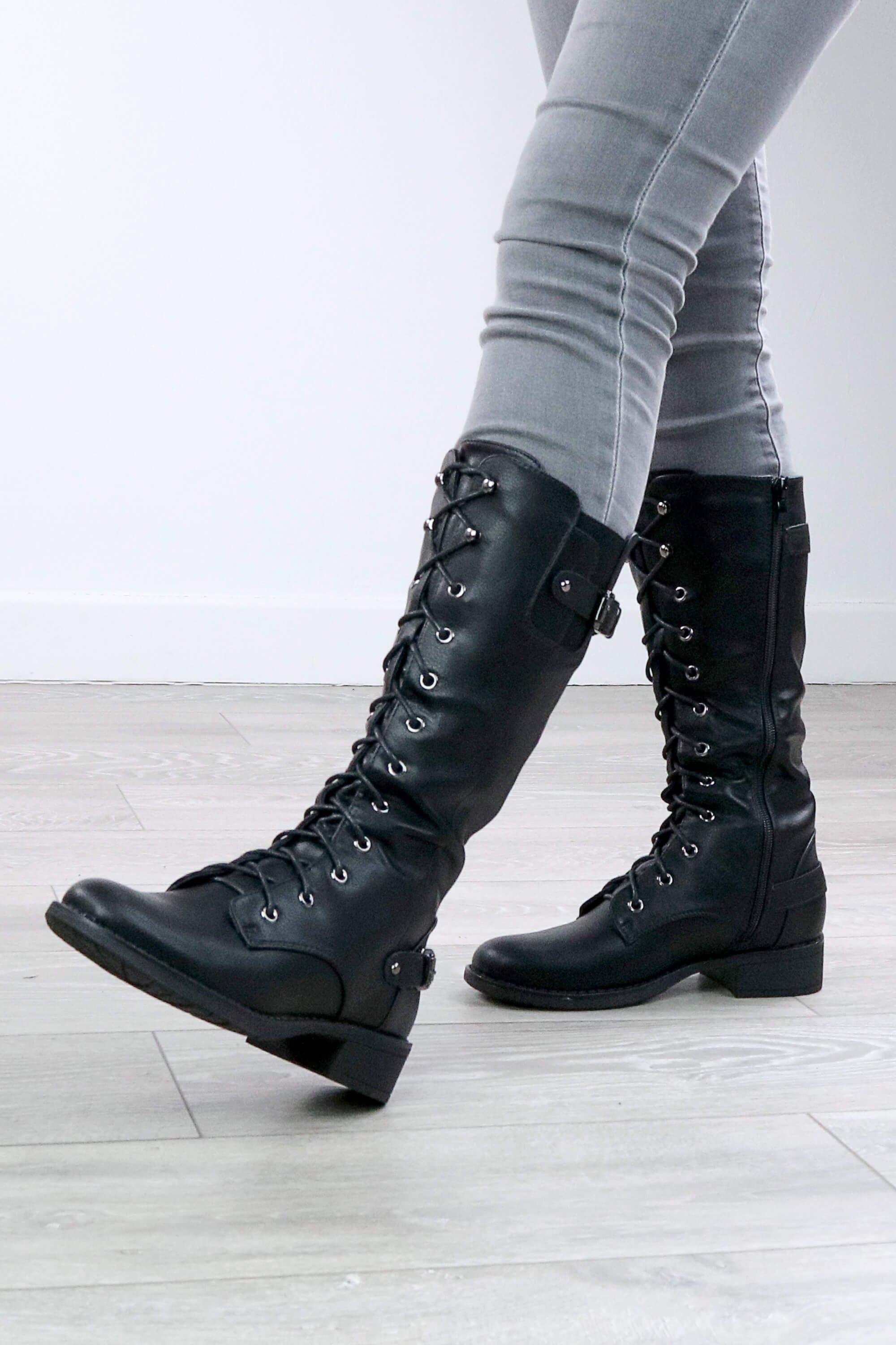 AJVANI Lace Up Military Combat Biker Style Calf Boots