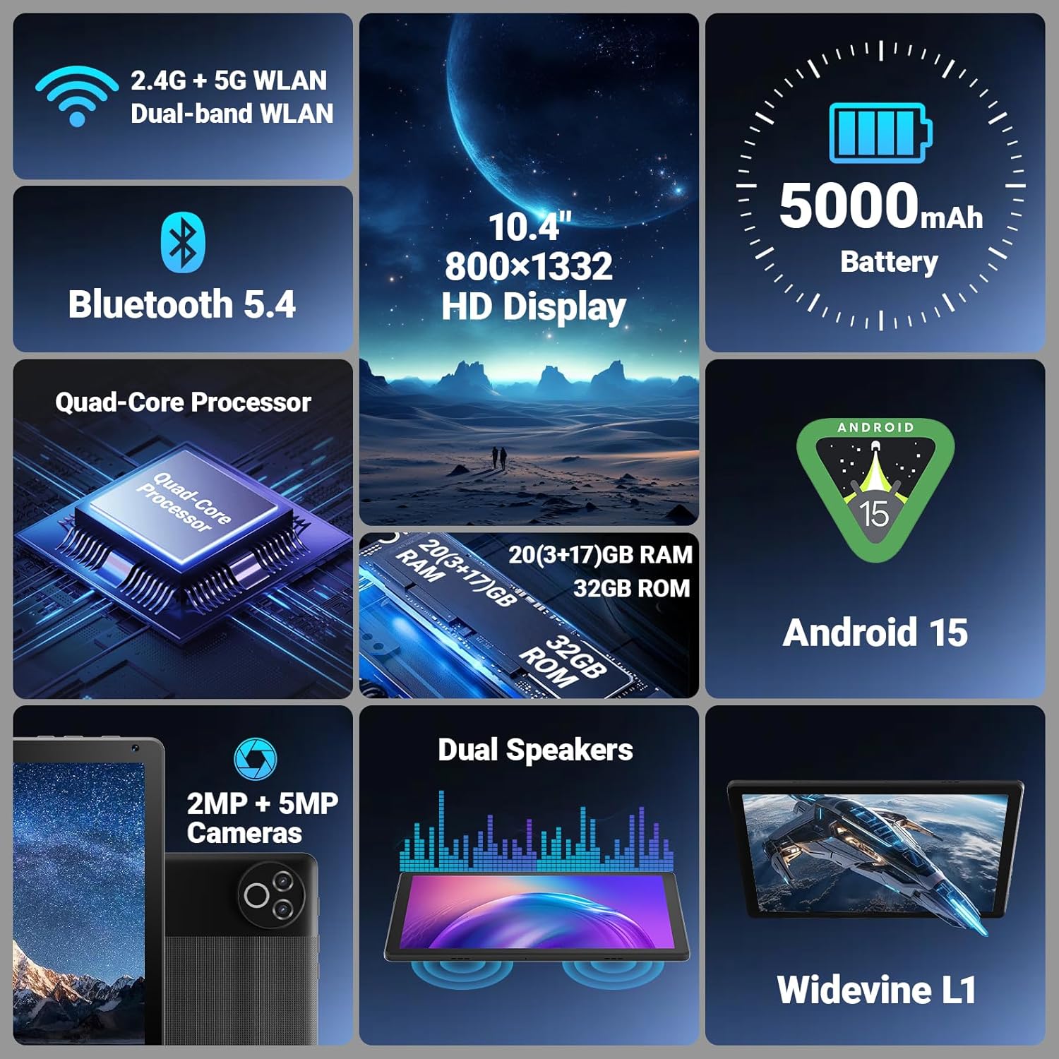 Android 15 Tablet 10 Inch, 16GB RAM 32GB ROM 1TB Expandable, Fast WiFi 6 & BT 5.4 Tablets 5-Core, HD IPS Touchscreen, 8H+ Battery, Dual Camera Portable Tablet for Kids & Adults, Gift, Streaming - 2026