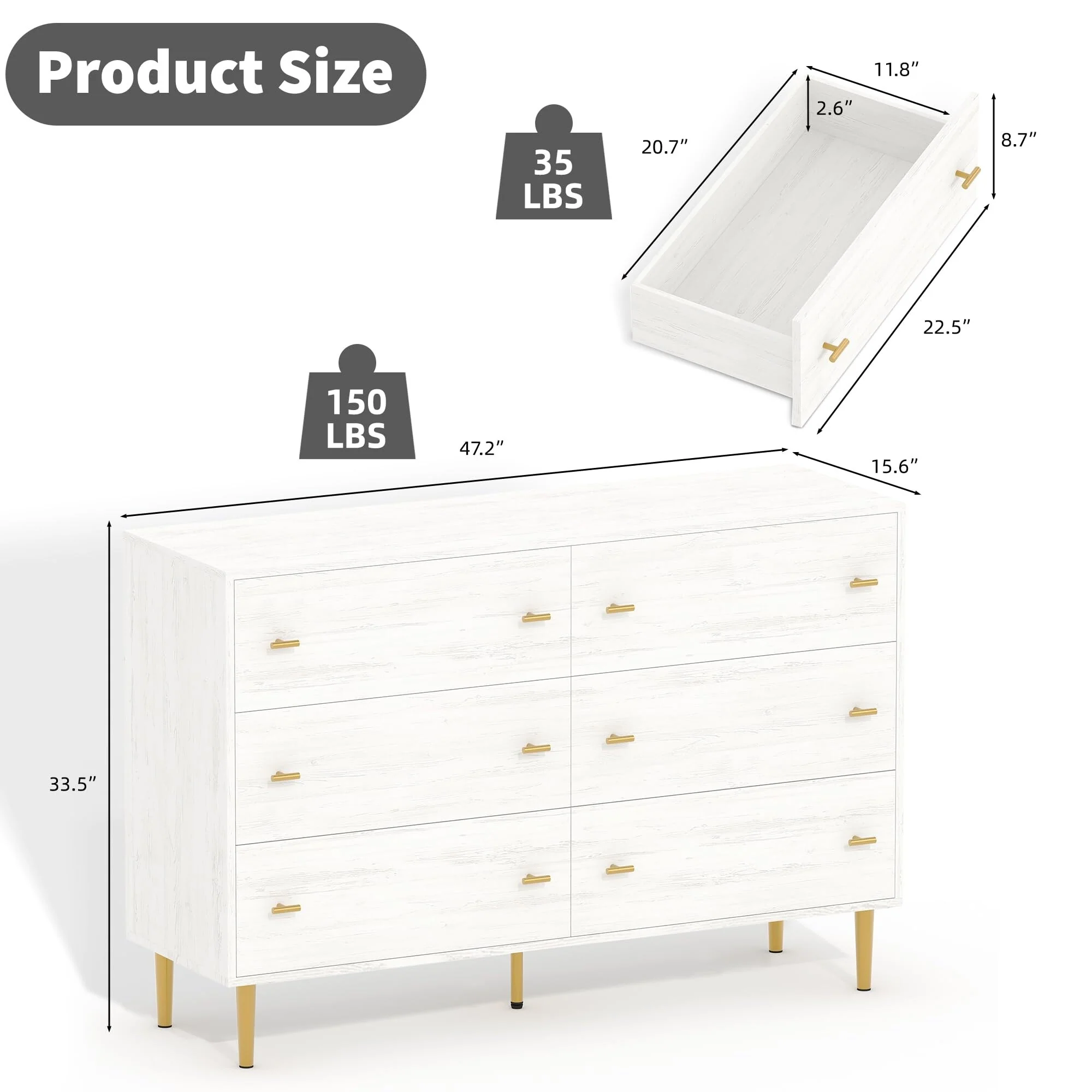 6 Drawers Dresser for Bedroom,47.2 Wide Wood Rustic Chest of Drawers with Bar Handles,Vintage Design,Storage Dressers