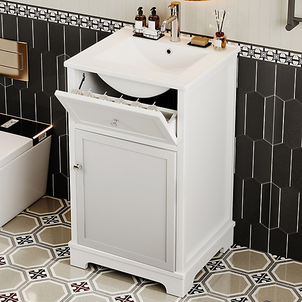 Meuble vasque en MDF 51 x 46 x 87 cm, vasque intégrée, entièrement laqué, tiroir et étagères réglables, étagères de porte