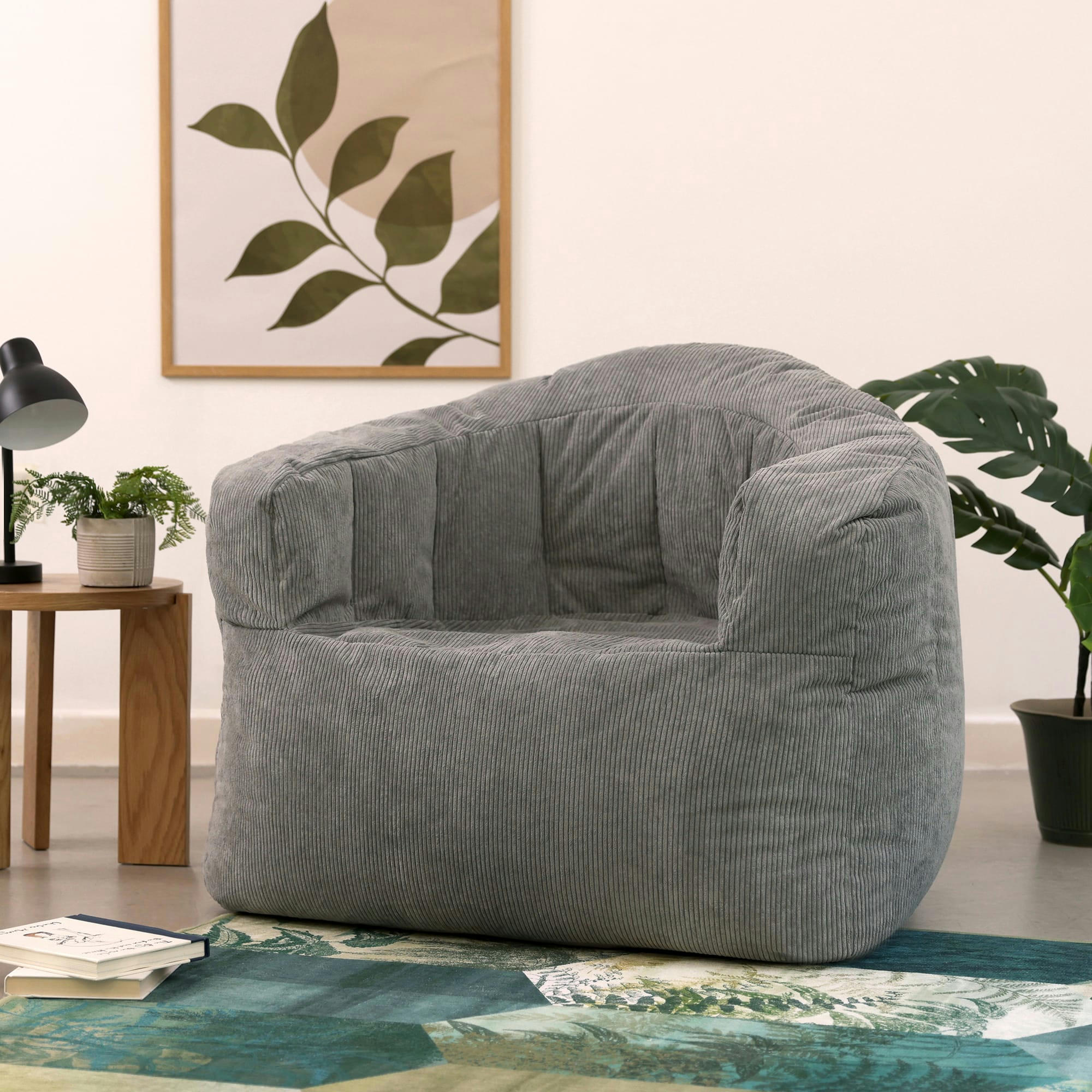 CLARA - Pouf fauteuil en velours finement côtelé gris