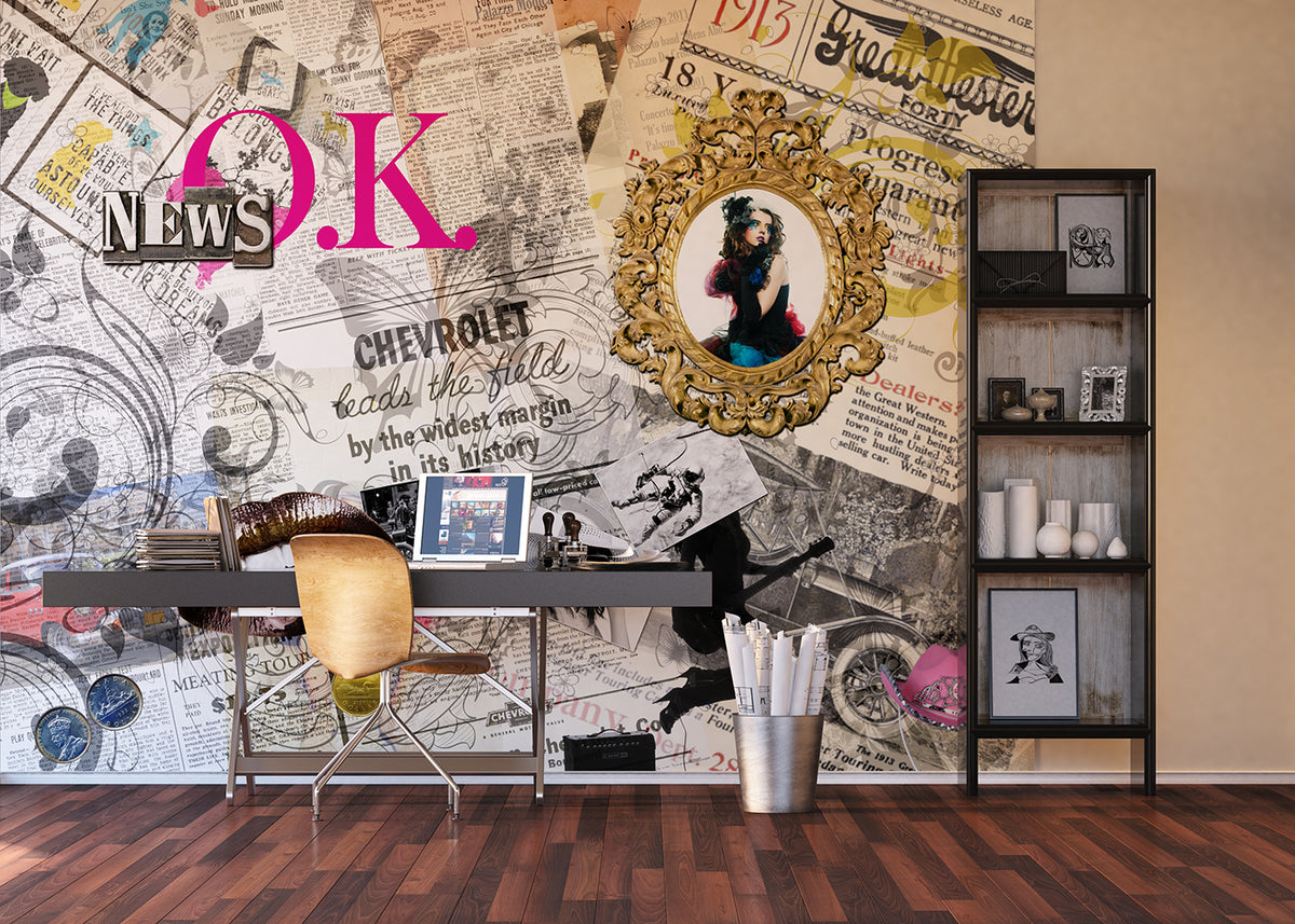 Sanders & Sanders fotobehang kranten grijs, beige en roze - 375 x 270 cm - 600449
