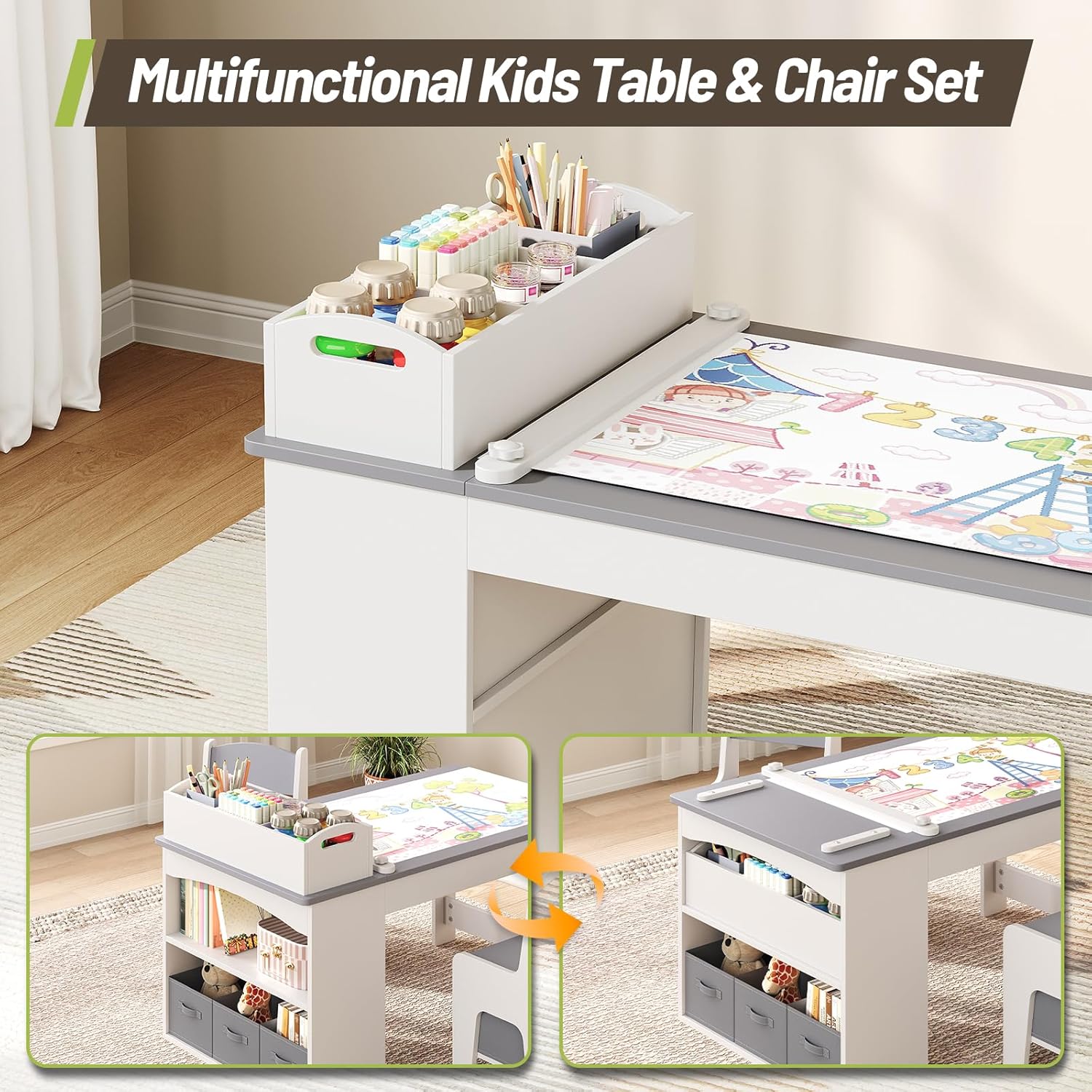 Kids Art Table and Chair Set, Wooden Toddler Activity Desk with Removable Tabletop Shelf and 5 Storage Drawers, Paper Pressing Rod & Roll Holder for Playroom, Nursery, Grey and White