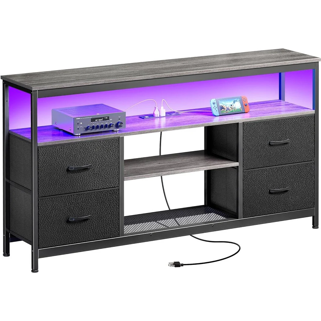 LED TV Stand with Power Outlets, 4 Drawers & Open Shelf, Black PU Finish