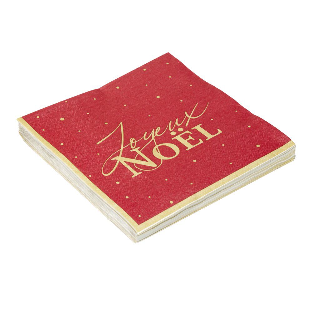 Serviette en papier 3 plis X20 pcs imprimé Joyeux No&euml;l 33X33 cm rouge liseré doré