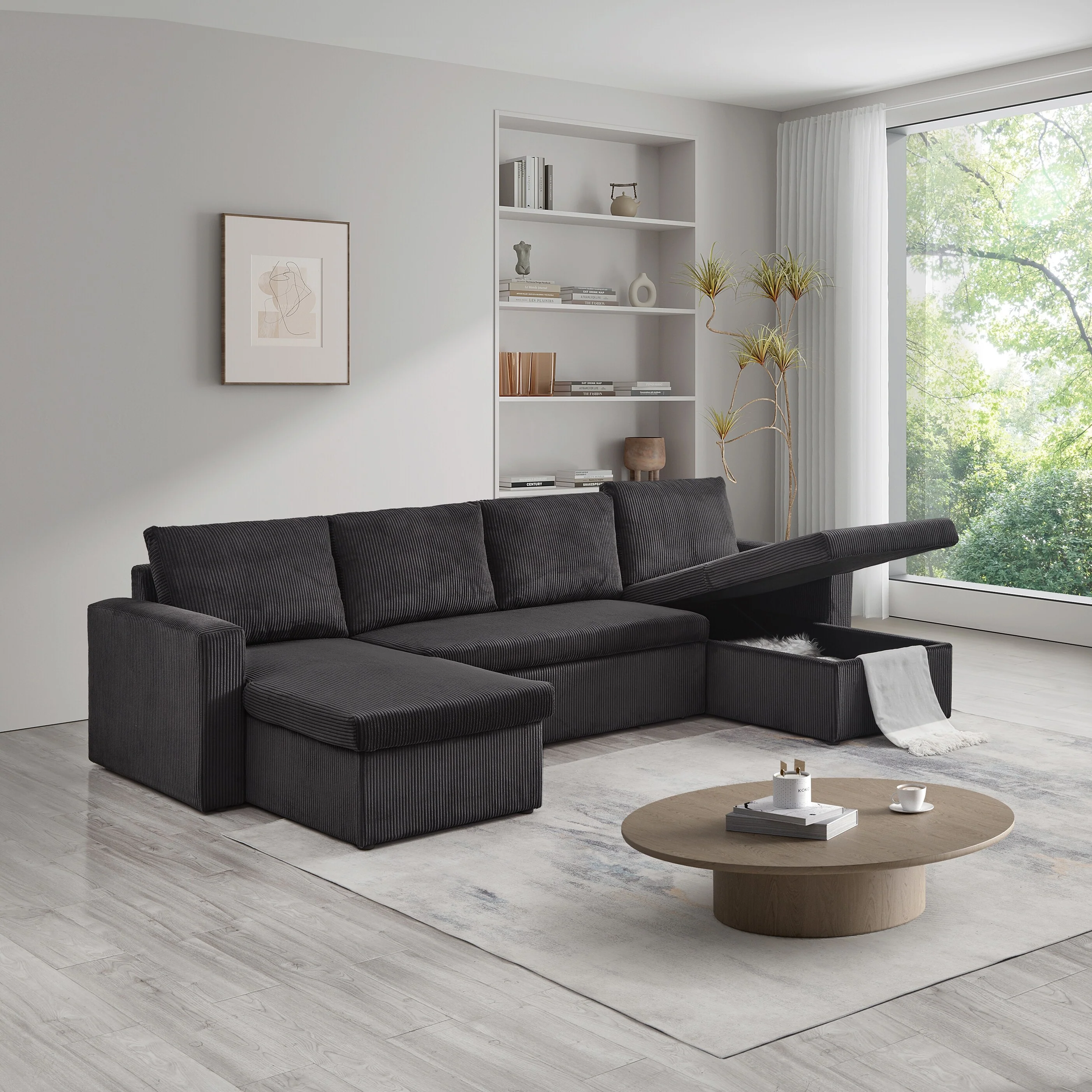 Grey 114'' Convertible 4-Seat Sectional Sofa with 2 Storage Chaise, Velvet Upholstery and Pull-Out Feature