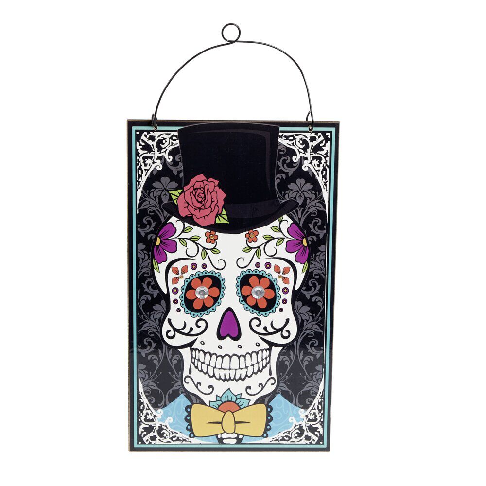Pancarte Dia de los muertos tête de mort mexicaine à suspendre métal