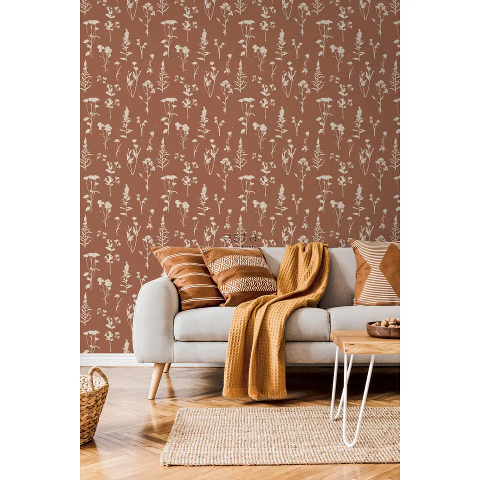 ESTAhome behang veldbloemen terracotta - 53 cm x 10.05 m