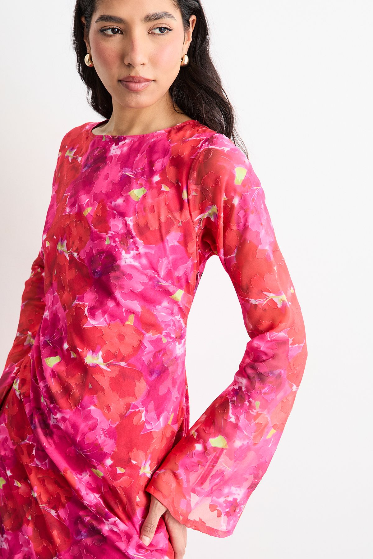 Warehouse Burnout Floral Chiffon Slash Neck Bias Midi Dress
