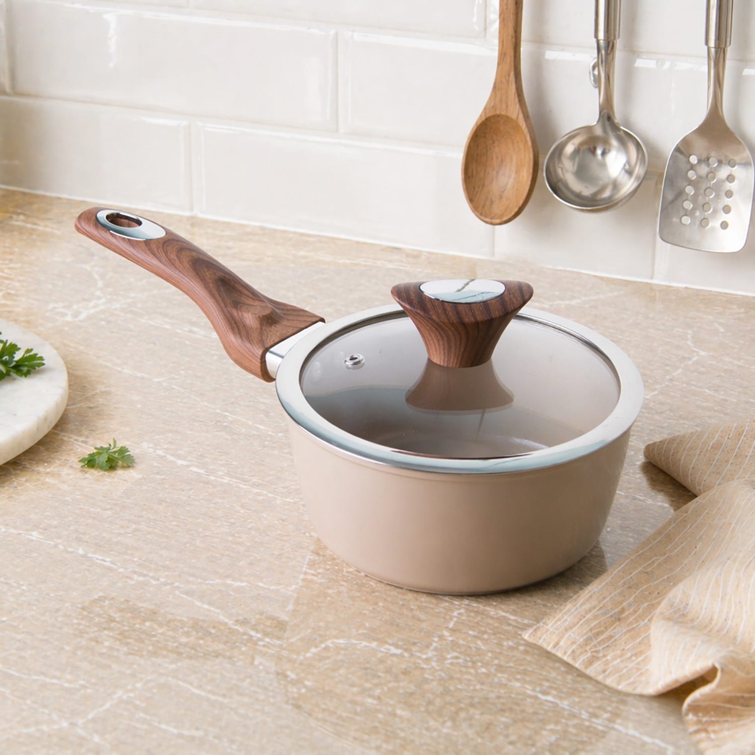 Casseruola un manico 16 cm coperchio taupe New Ceramic