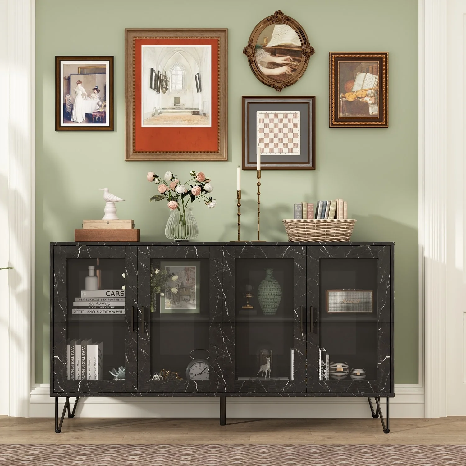 Cabinet Sideboard Buffet Glass Doors Accent Console Table With Light