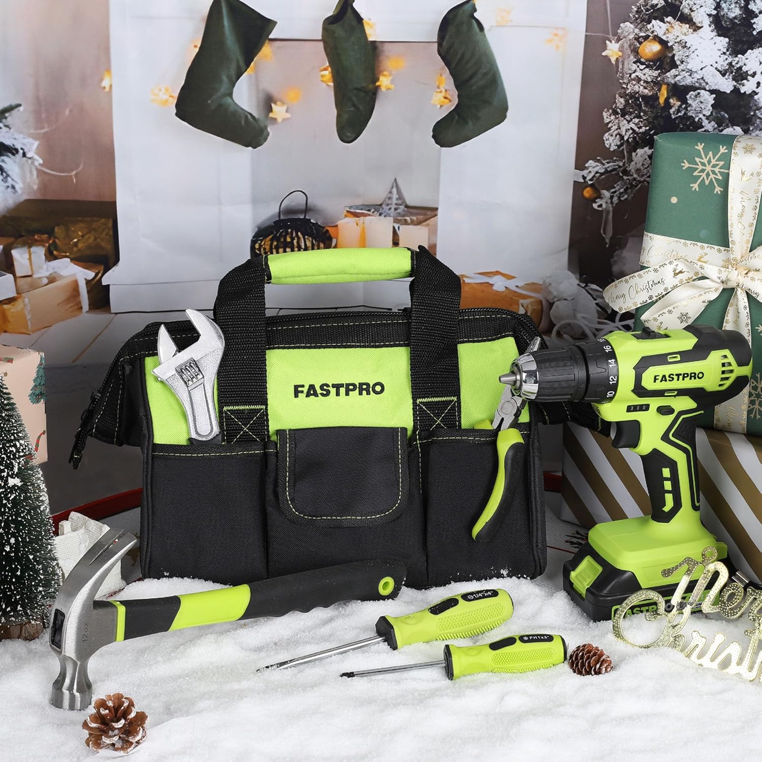 FASTPRO 232-Piece Home Tool Set with Drill, 20V Cordless Drill Driver, Household Repairing Tool Kit with Drill, 12-Inch Wide Mouth Storage Tool Bag Included, Green