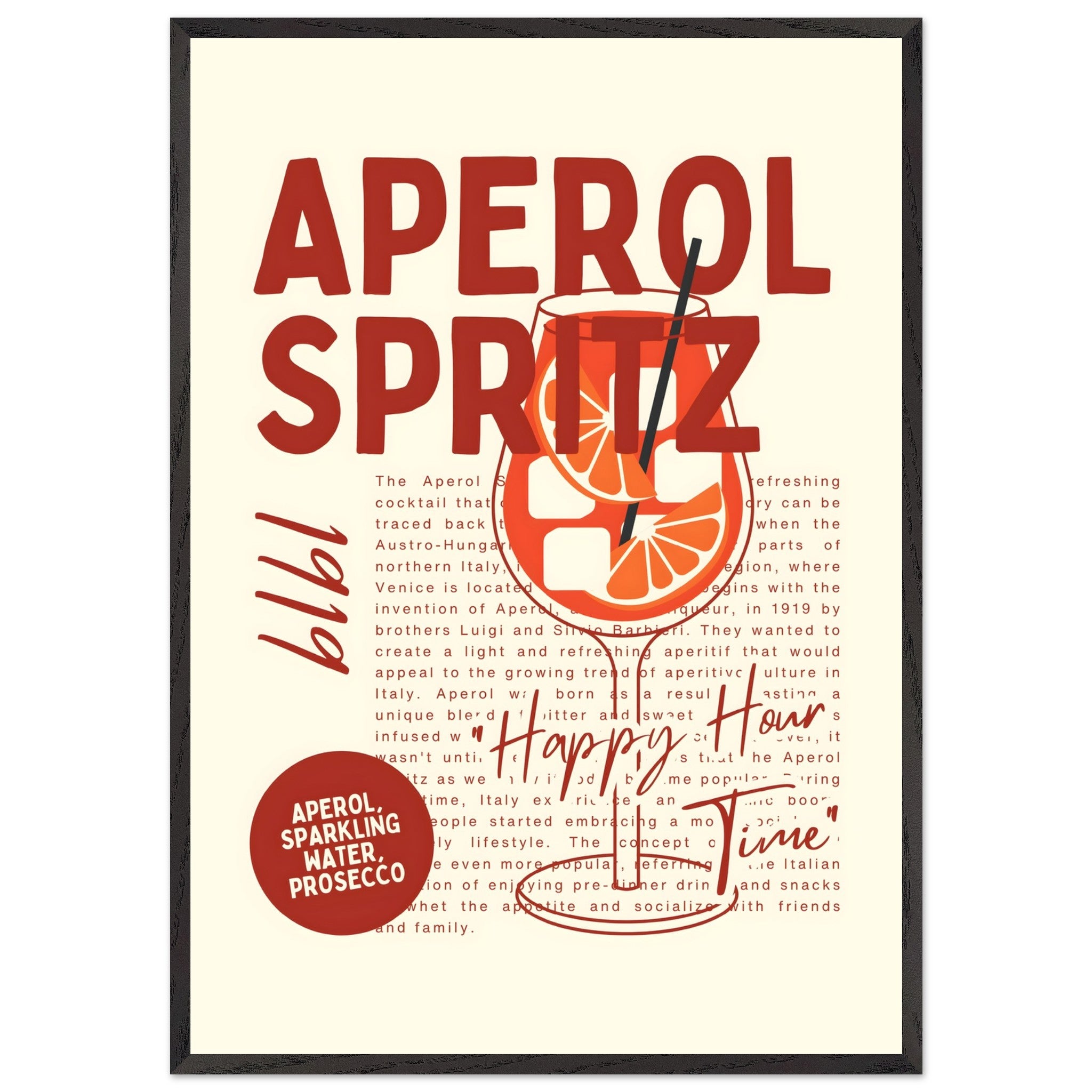 Artfulprints Poster met Lijst Aperol Spritz - Happy hour  - 70x100 cm - Rood