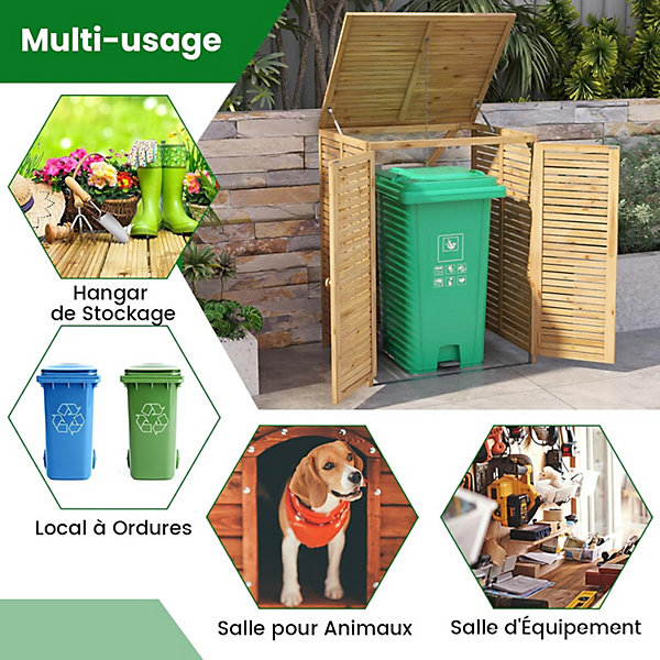 Abri de Jardin 120L avec Porte Verrouillable-Cache-Poubelle en Bois avec Couvercle Relevable-Chaîne Métallique-86x70x114CM