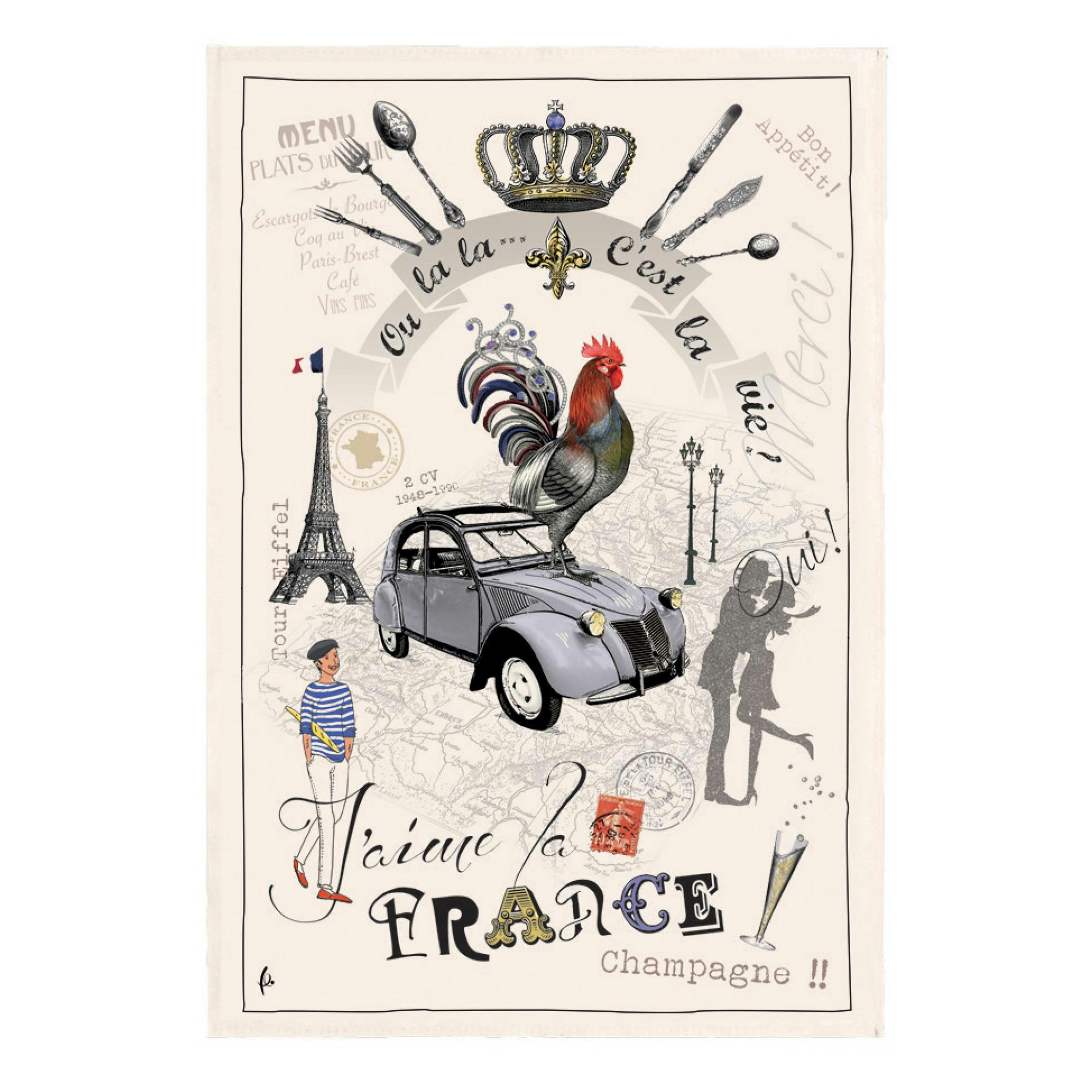 VINTAGE - Torchon france panorama en coton ecru 48 x 72