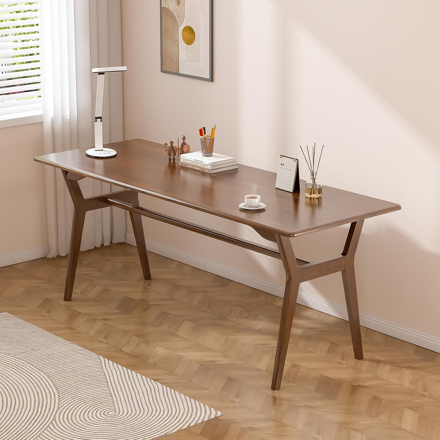 Solid Wood Study Desk - 63 Double Long Computer Table for Home Office, 2-Person PC Workstation, Walnut