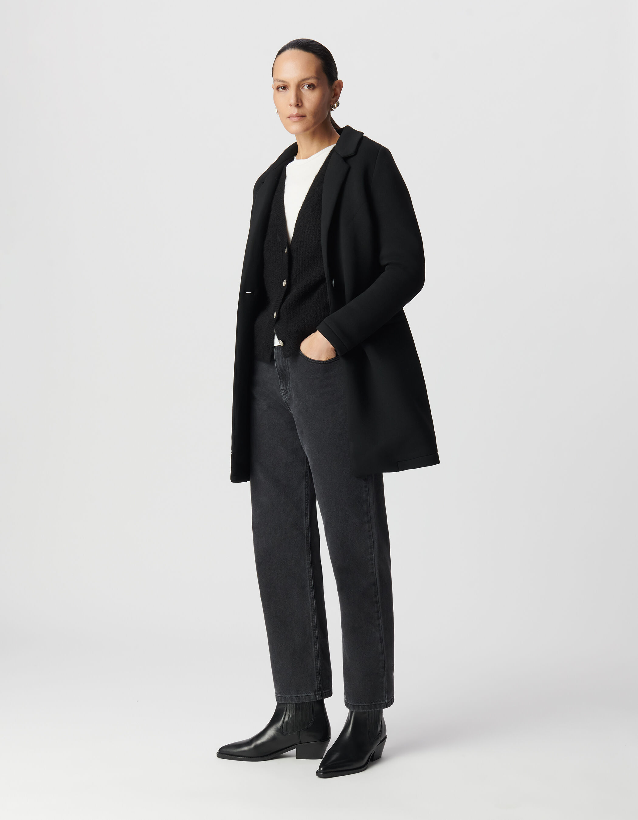 Manteau noir néoprène capuche amovible Femme