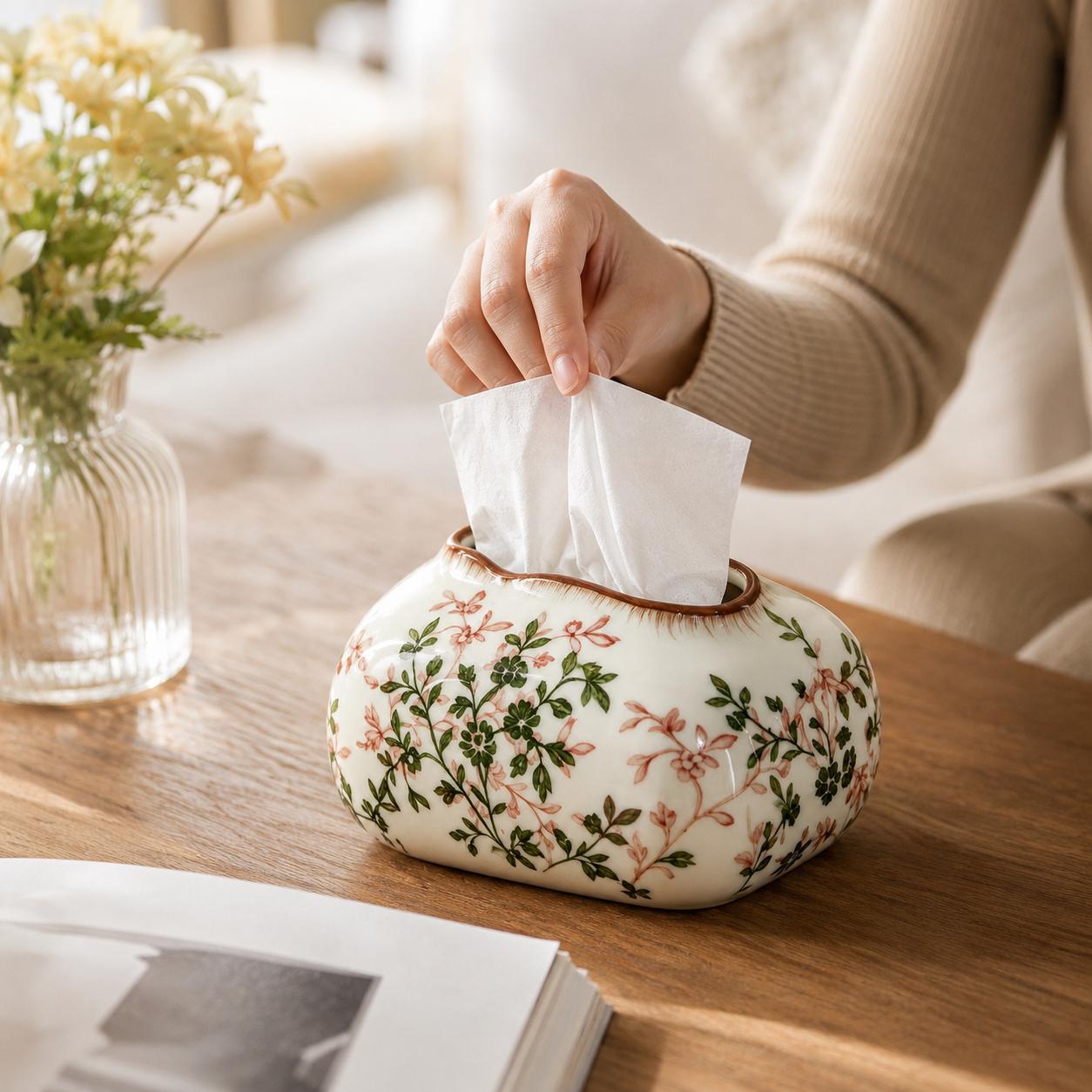 Floral CeramicTissue Box Cover, HandmadePorcelainTissue Holder, VintageBotanical Home Decor, ElegantBathroom VanityDecor, Living Room Accent
