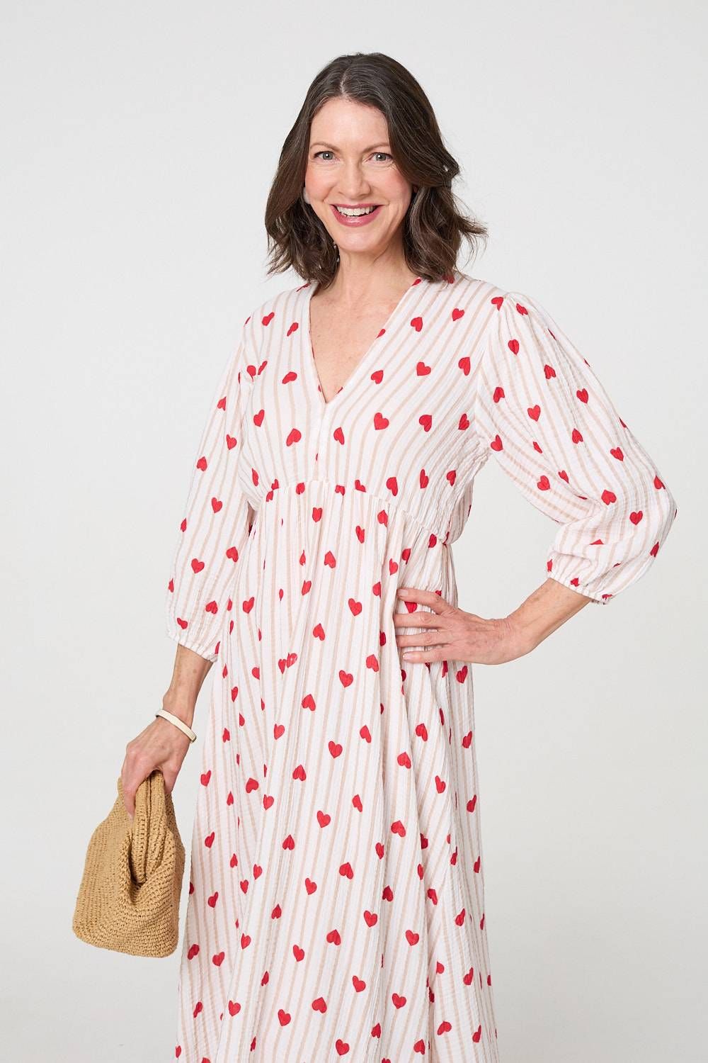 Izabel London Striped Empire 3/4 Sleeve Maxi Dress