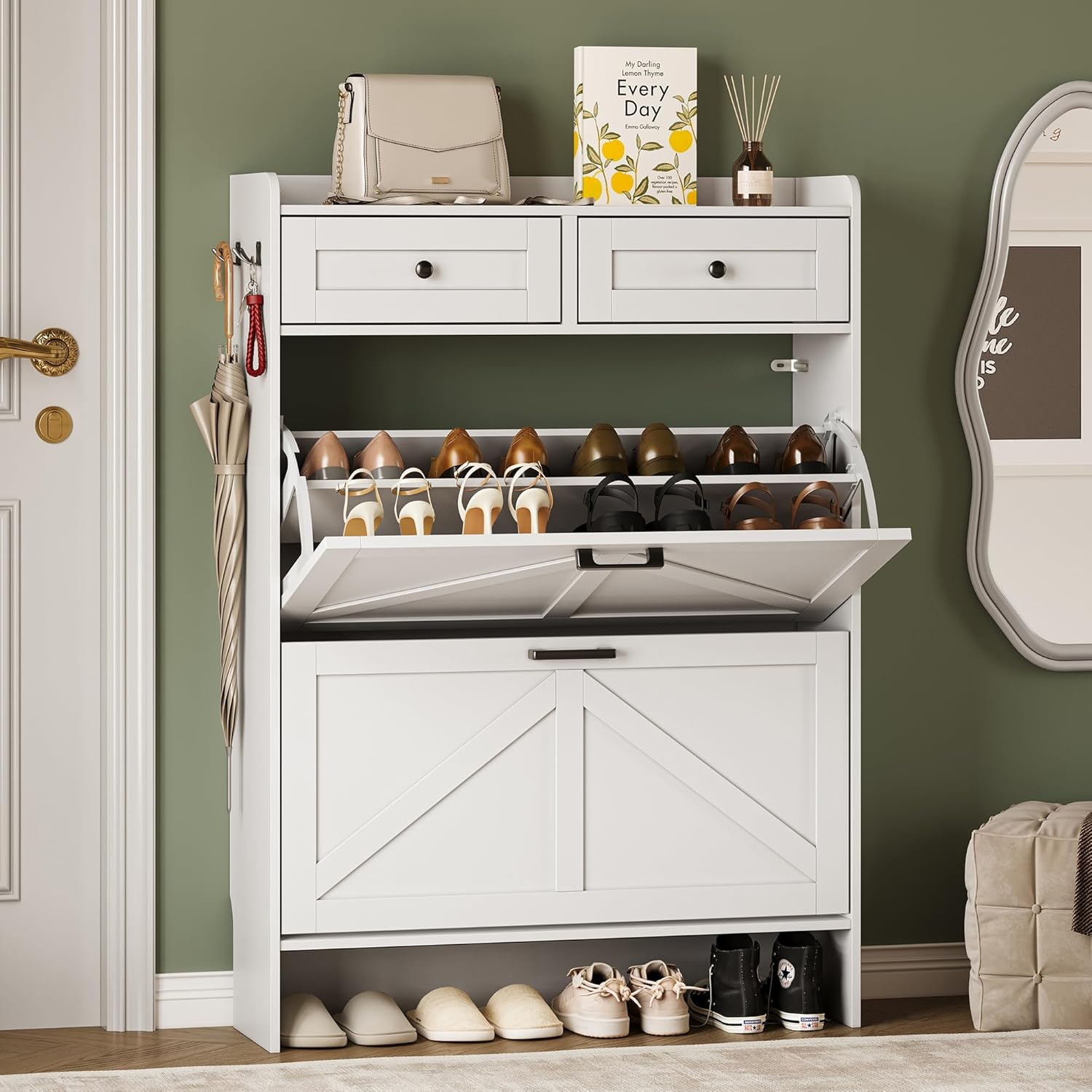 BORNOON Shoe Storage Cabinet for Entryway, Farmhouse Narrow Shoe Cabinet with 2 Flip Drawers & Top Drawers, Adjustable Shelves & Hooks, Freestanding Hidden Rack Organizer for Hallway, Foyer