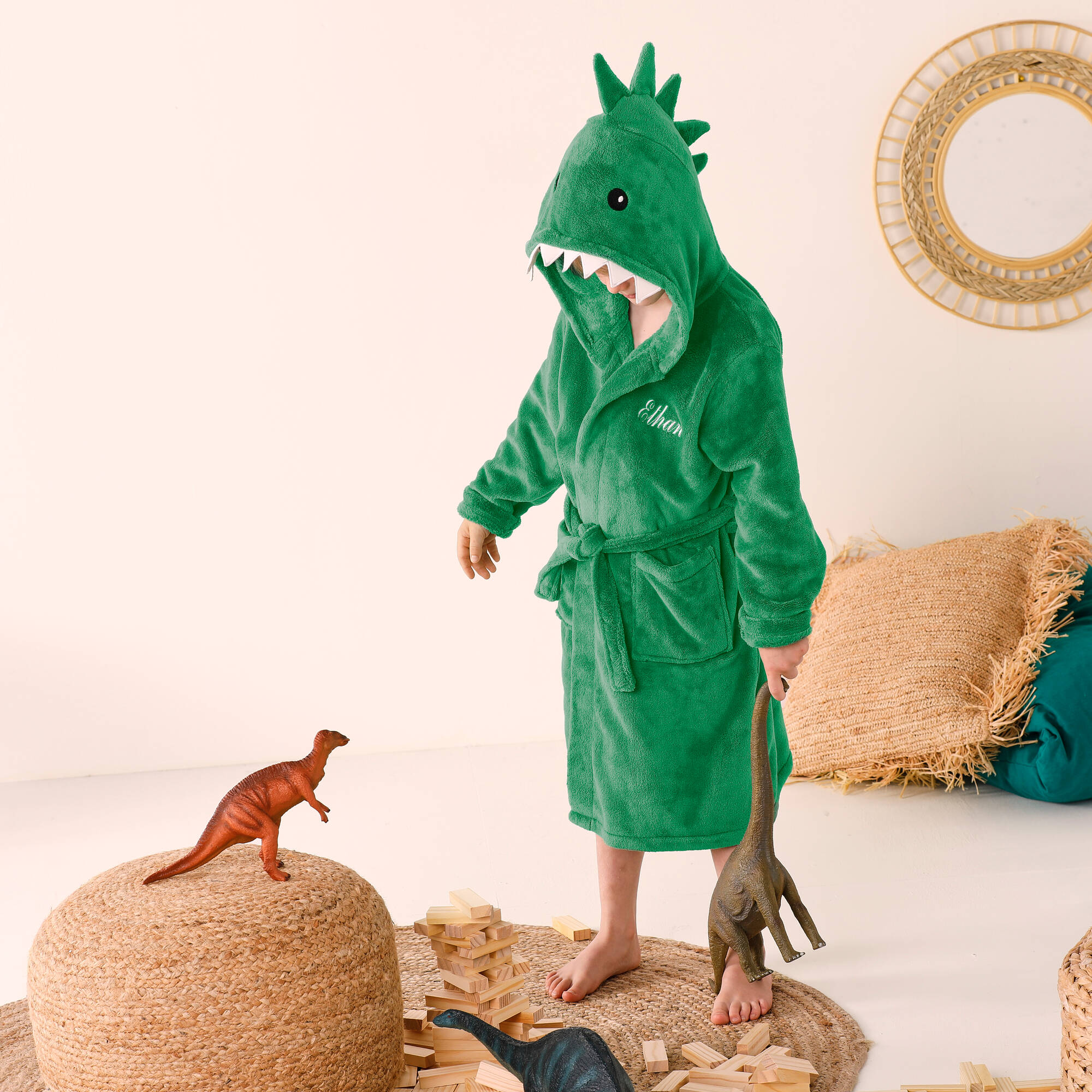 Peignoir de bain enfant à capuche personnalisable dinosaure microfibre