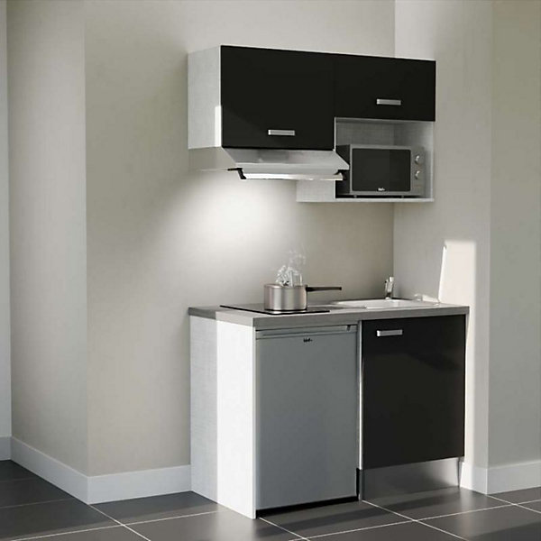 Kitchenette K02 façades Noir - Plan de travail Gris béton - Crédences : Non - Evier inox - Electroménager Inox inclus