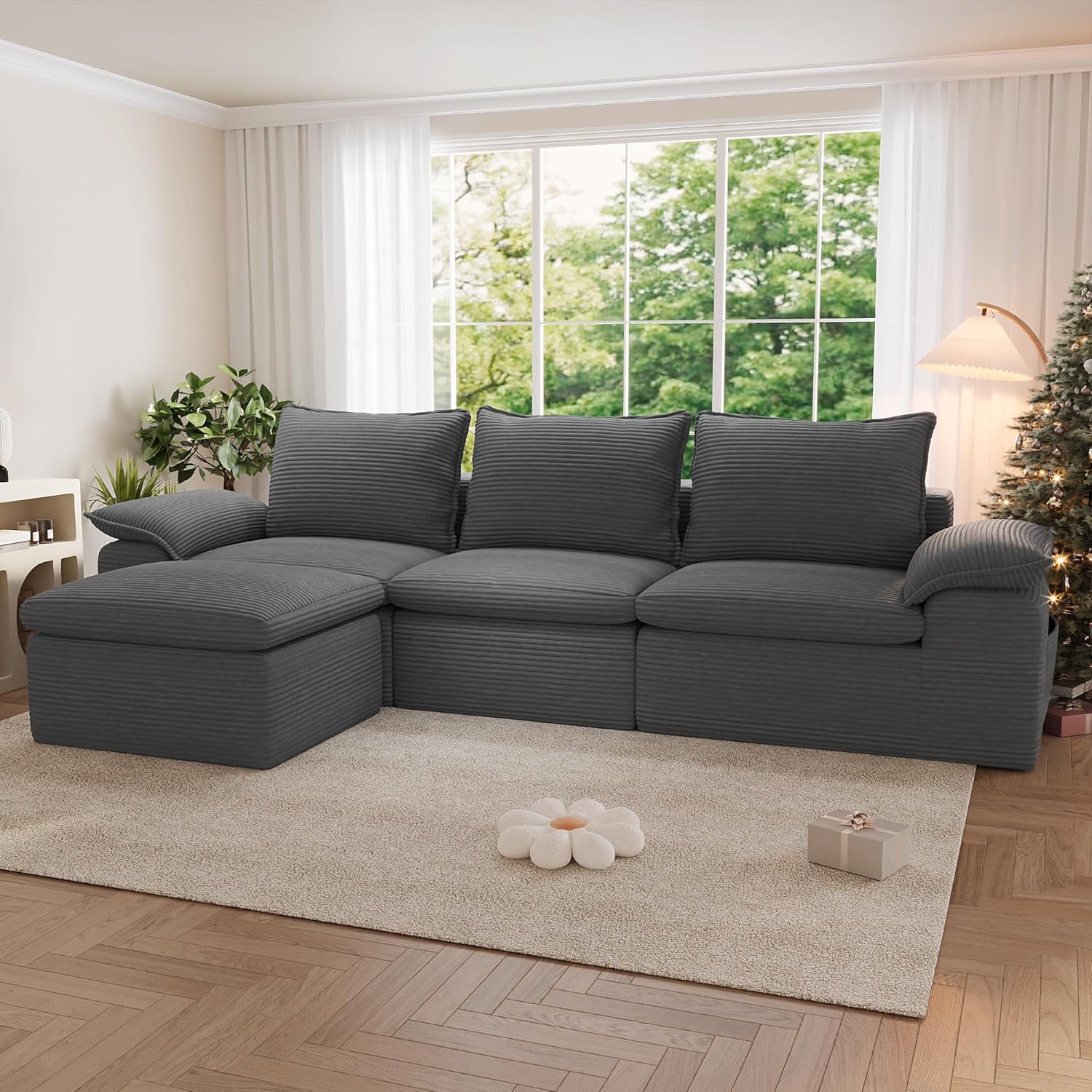104 Cloud Sectional Couch, Boneless Couches for Living Room, L Shaped Couch with Ottoman, Modular Sectional Sofa with Deep Seat, Modern Boneless Sofa for Living Room, No Assembly (Grey, L-Shaped)