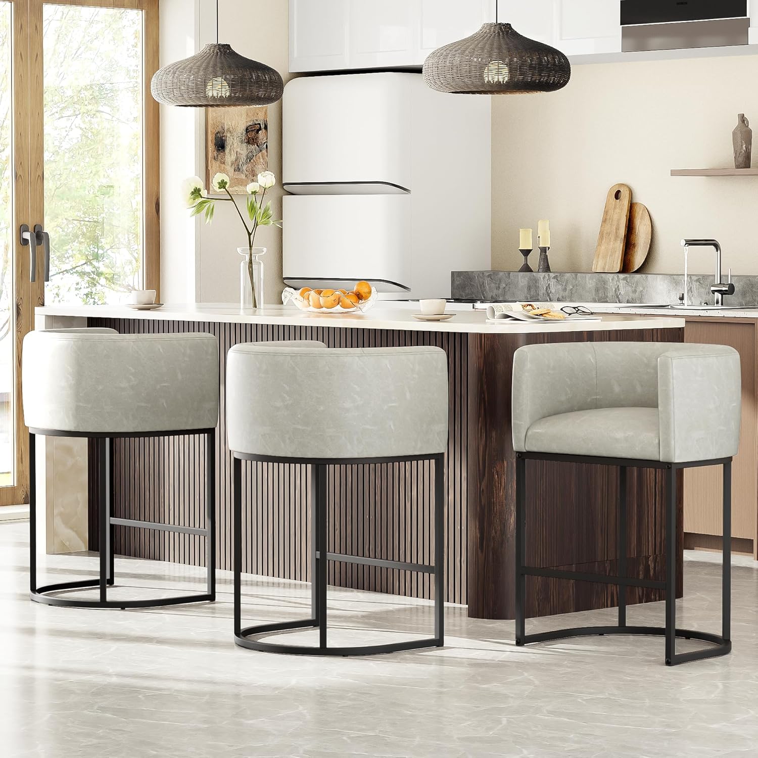 26 H Counter Height Bar Stools Set of 3, Modern Barrel Counter Stools with Backrest and Arms, Faux Leather Upholstered Accent Barstools for Kitchen Island,Support 450 LBS (Grayish White)