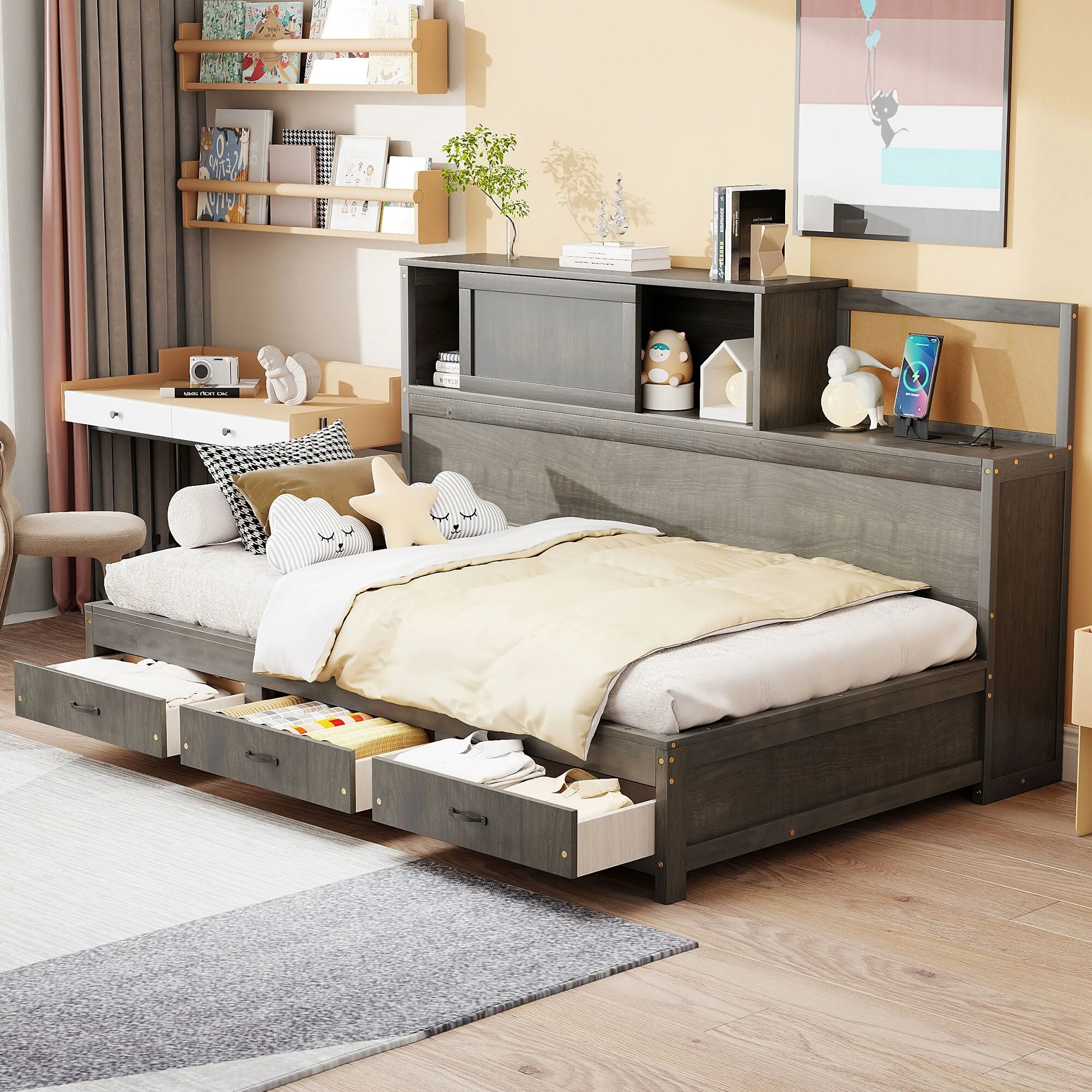 Roomfitters Twin Size Wooden Daybed with Storage, USB Ports, Shelf and Soft Backrest Panel, Functional Frame