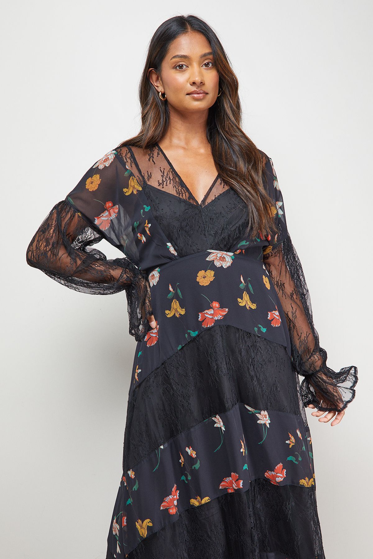 Oasis Printed Lace Panel Detail V Neck Midaxi Dress