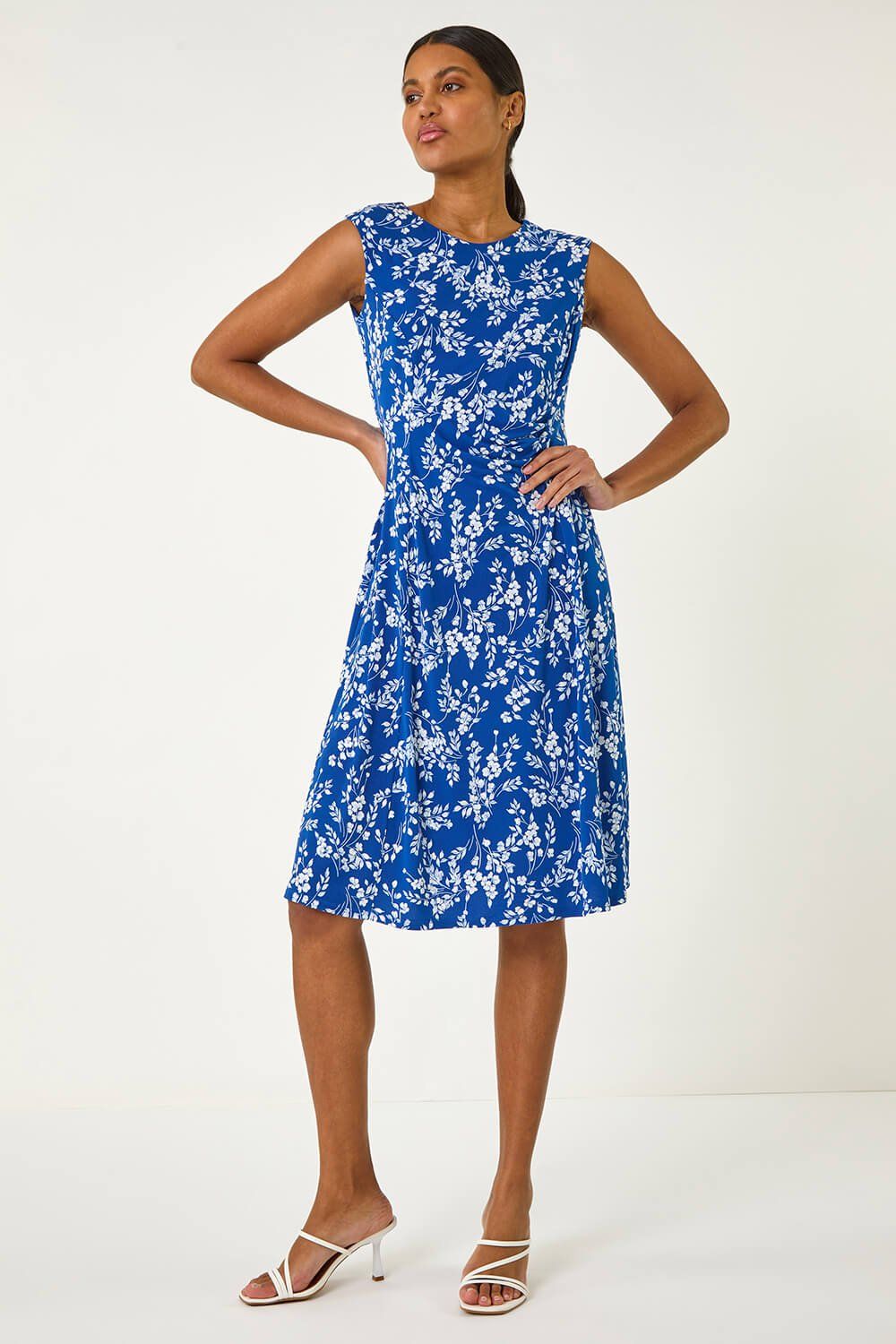 Roman Floral Print Gathered Side Midi Dress