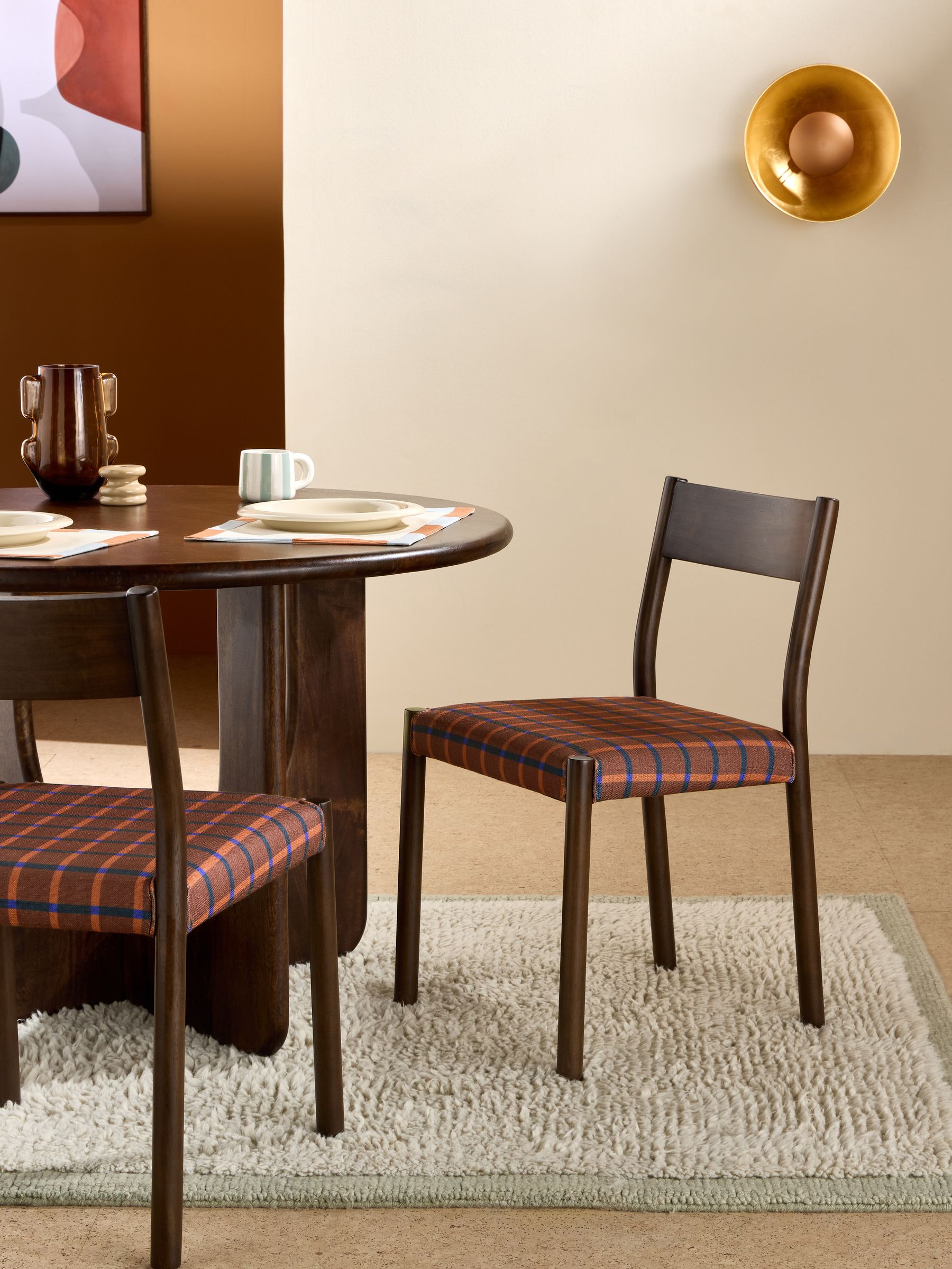 Set of 2 Dark Wood and Rust Brown Cale Check Rhye Dining Chairs